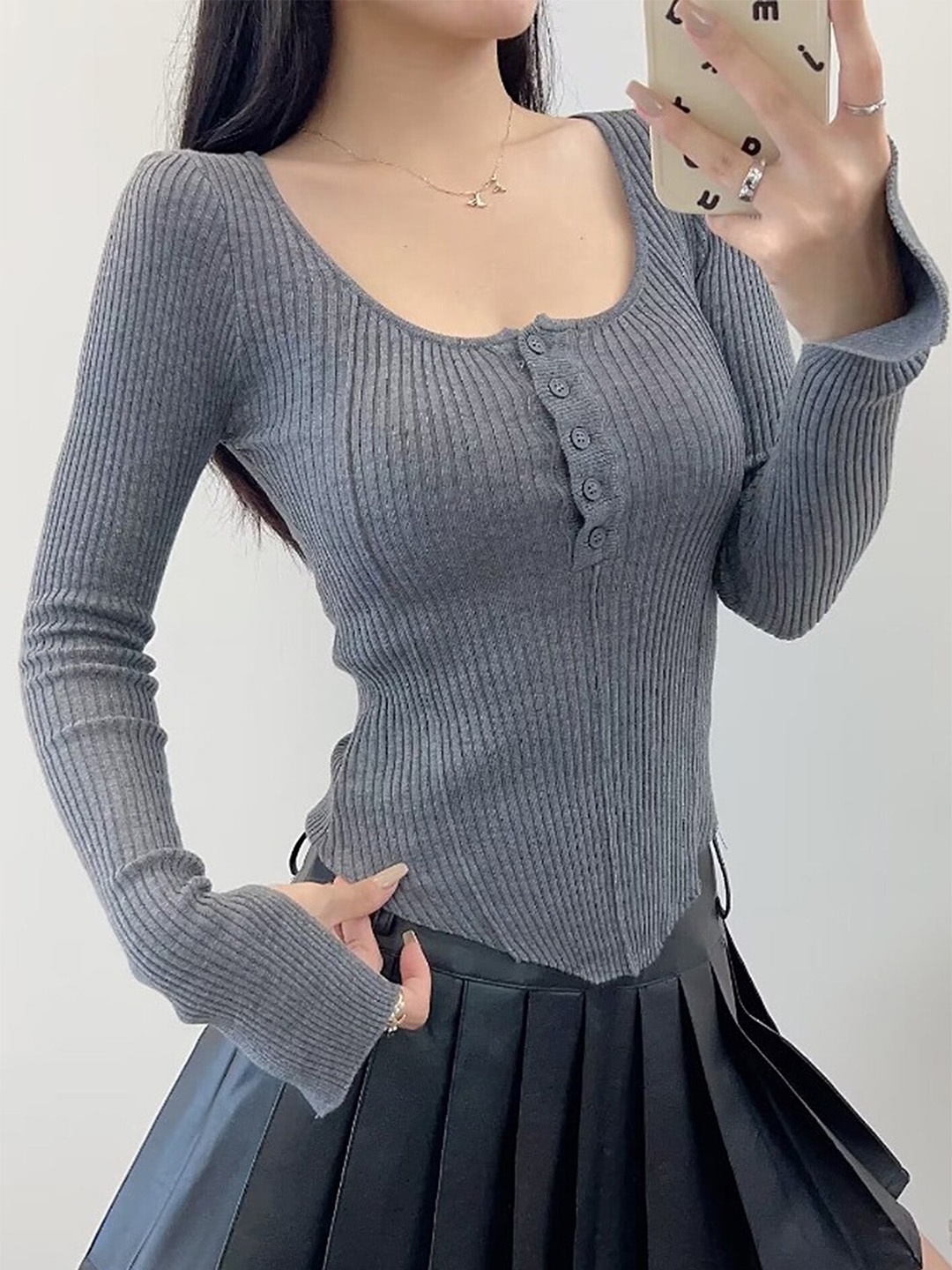 

LULU & SKY Self Design Scoop Neck Fitted Top, Grey