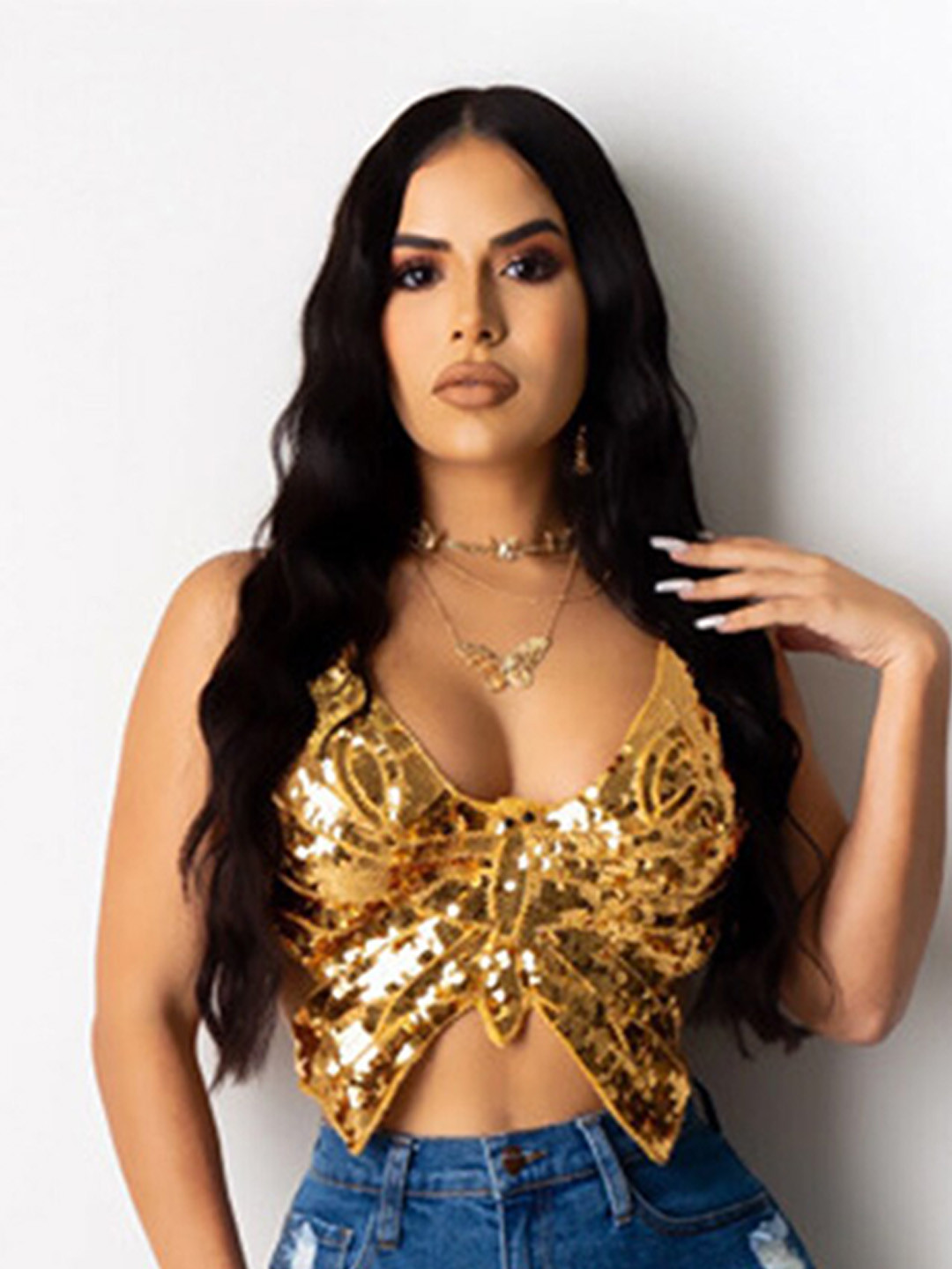 

LULU & SKY Sequinned Embellished Butterfly Crop Top, Gold