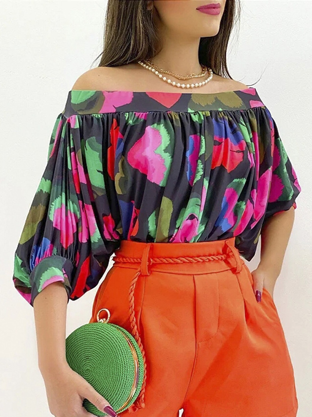 

LULU & SKY Absract Printed Off-Shoulder Puff Sleeve Bardot Top, Black