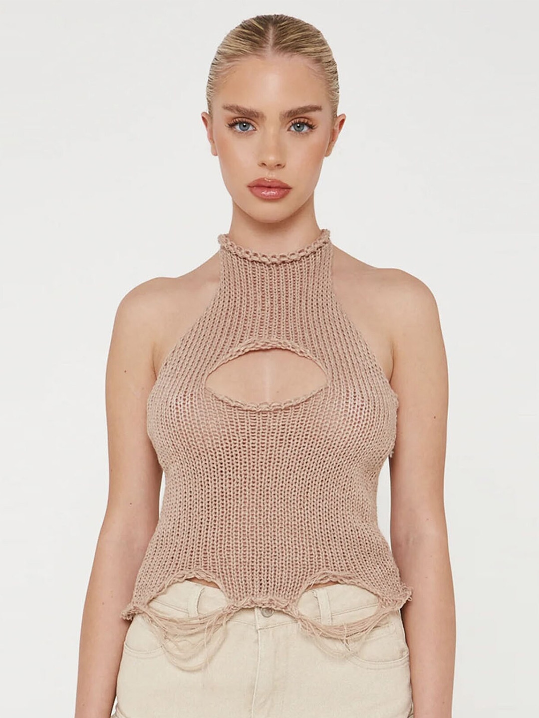 

LULU & SKY High Neck Cut-Out Detailed Fitted Top, Khaki