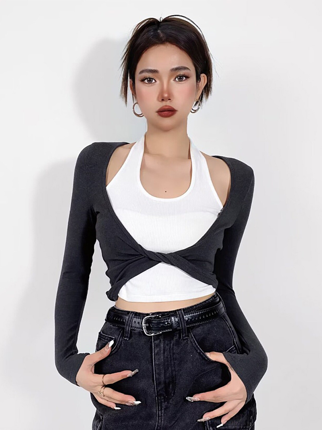 

LULU & SKY Twisted Detail Fitted Top, Grey