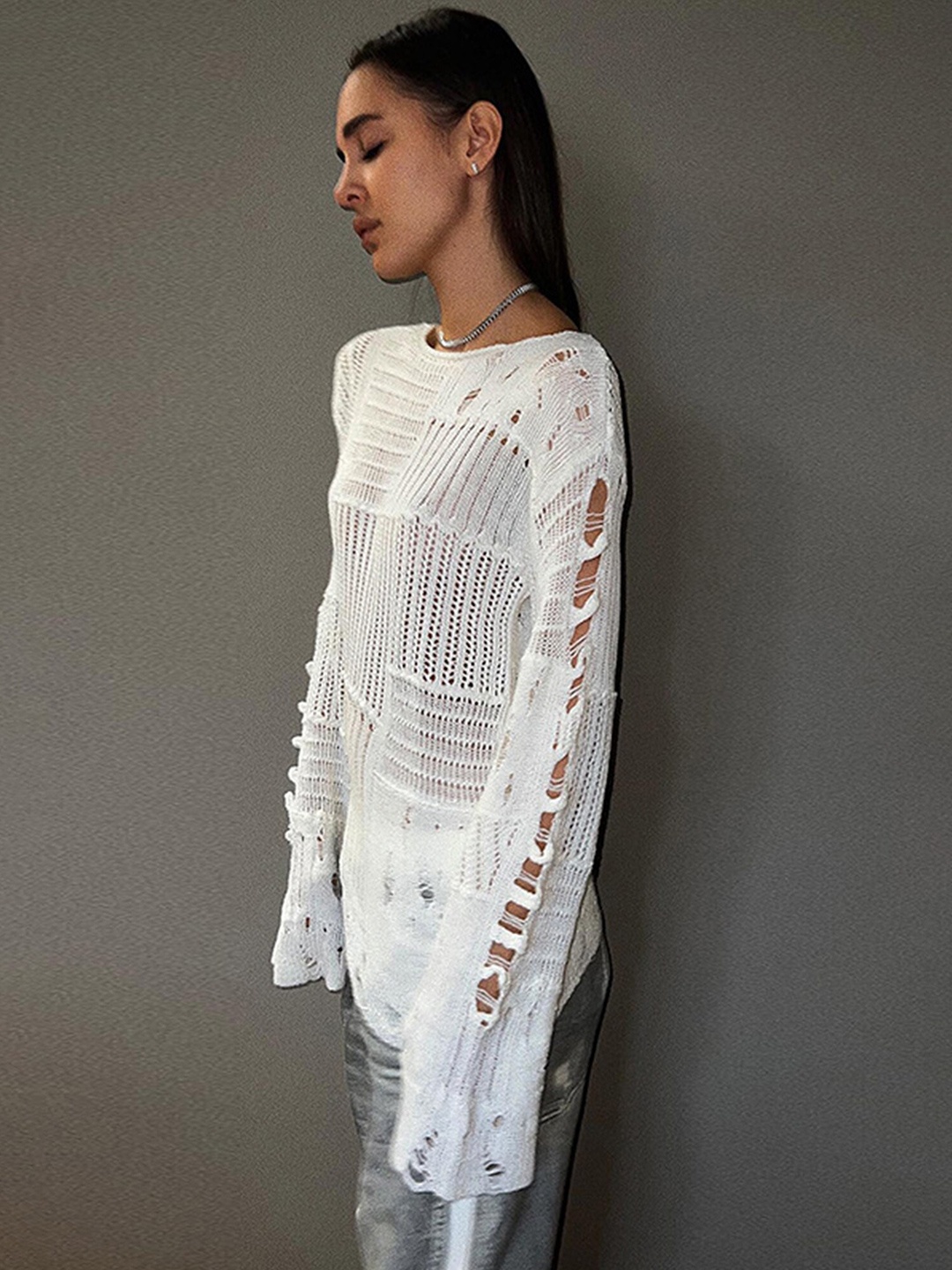 

LULU & SKY Self Design Cut Out Detail Knitted Longline Top, White