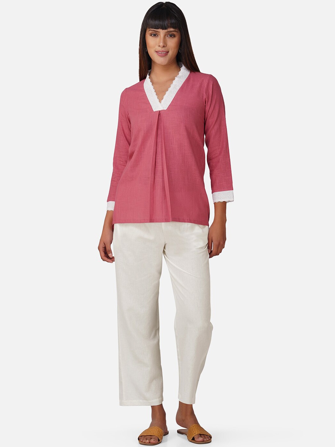 

BAESD V-Neck Pure Cotton Top With Trouser, Pink