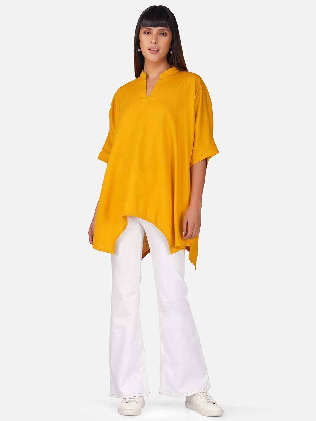 

BAESD Mandarin Collar Pure Cotton High-Low Longline Top, Yellow
