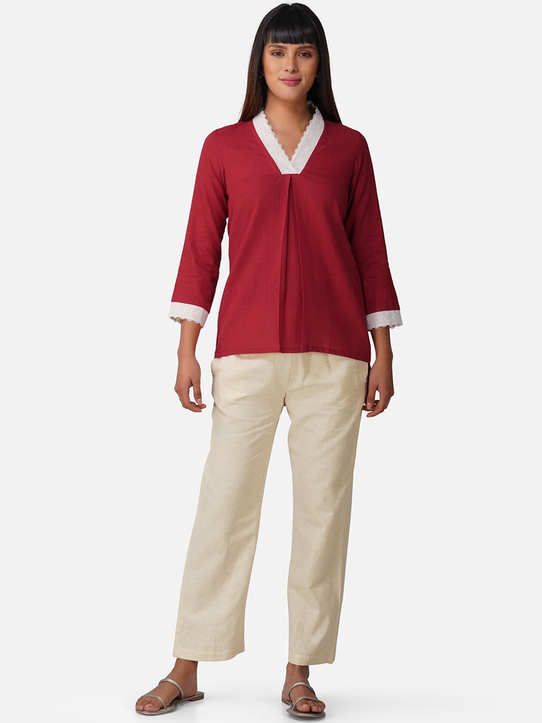 

BAESD V-Neck Pure Cotton Top With Trouser, Maroon