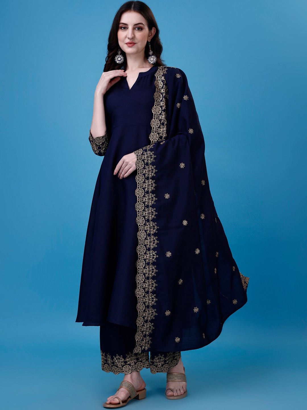 

KALINI Ethnic Motifs Embroidered Sequinned Kurta & Palazzos With Dupatta, Blue
