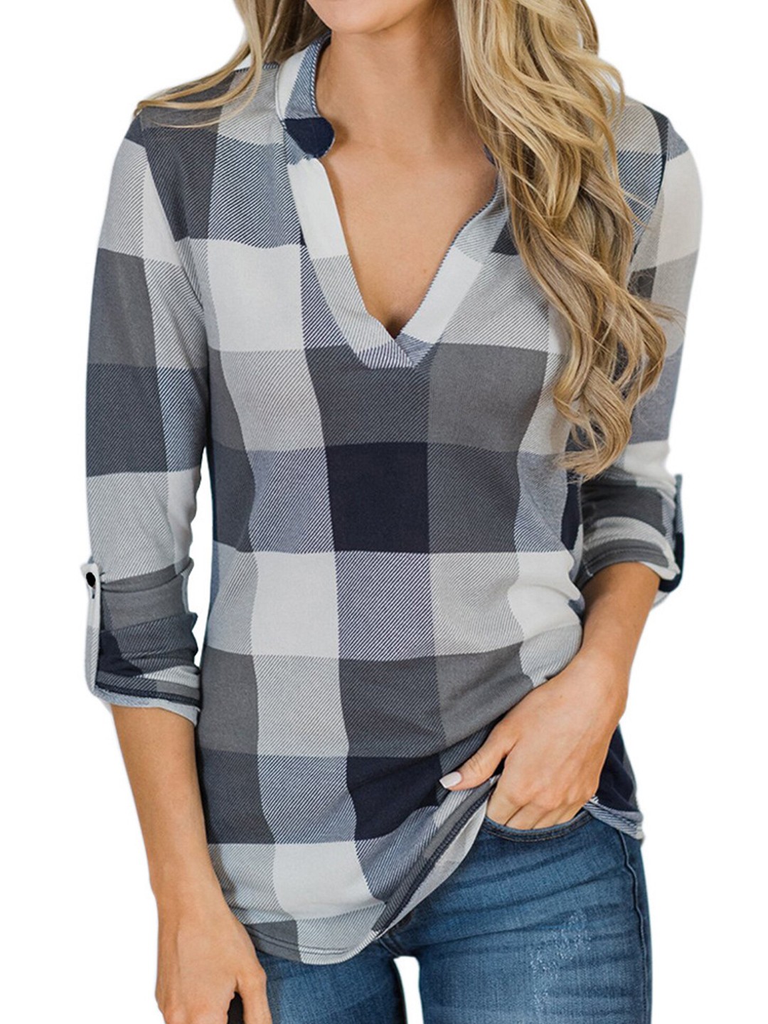 

LULU & SKY Checked Roll-Up Sleeves Shirt Style Top, Grey