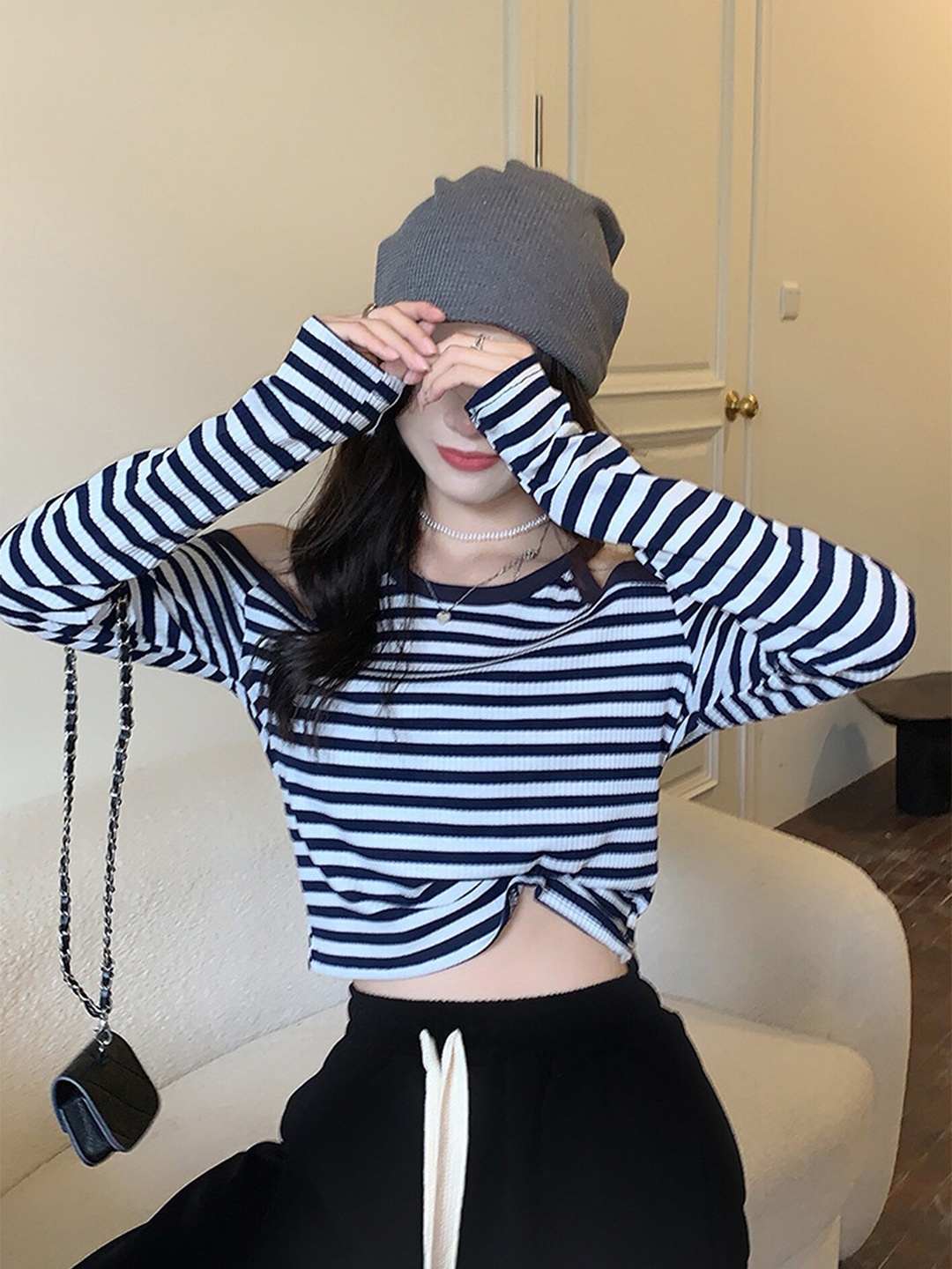 

LULU & SKY Striped Cold-Shoulder Crop Top, Blue