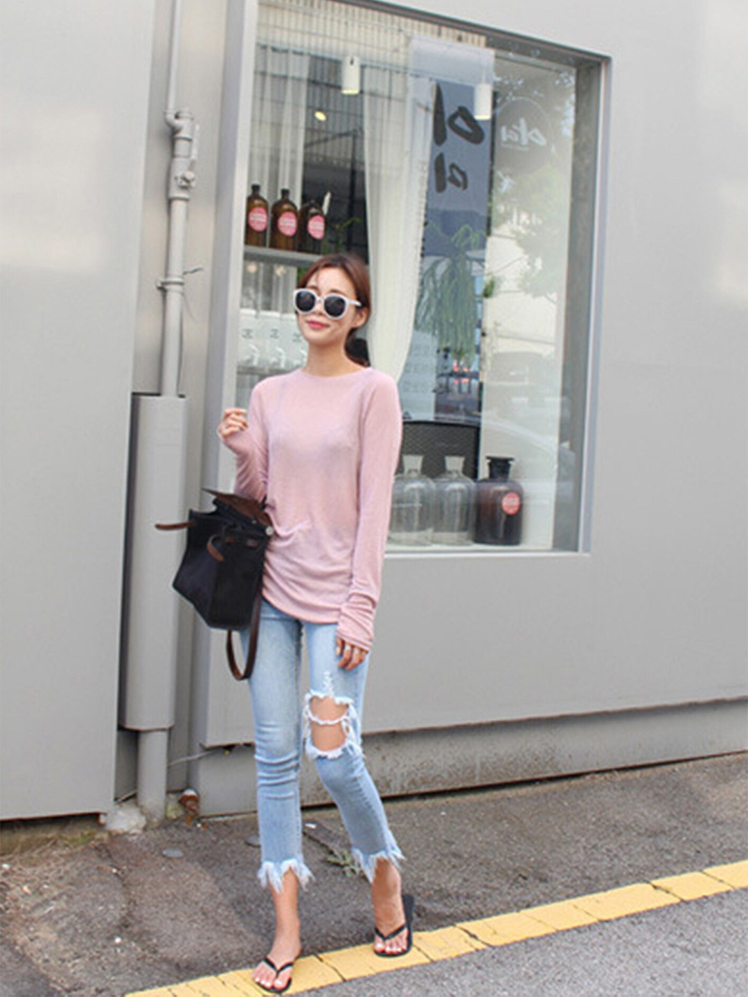 

LULU & SKY Round Neck Long Sleeves Pure Cotton Top, Pink