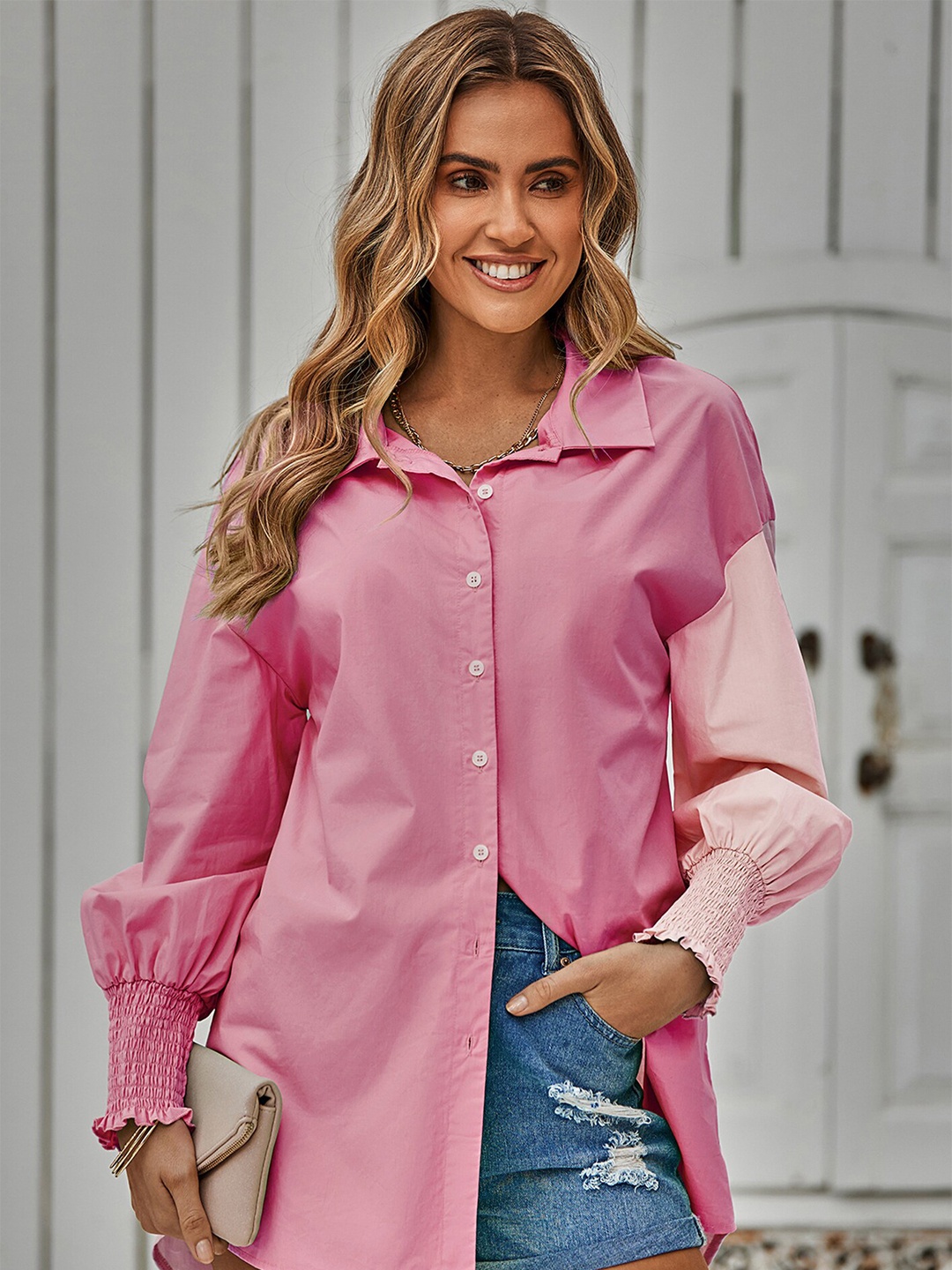 

LULU & SKY Colourblocked Longline Shirt, Pink
