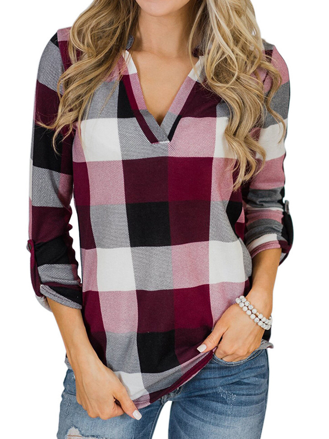 

LULU & SKY Checked Roll-Up Sleeves Top, Red