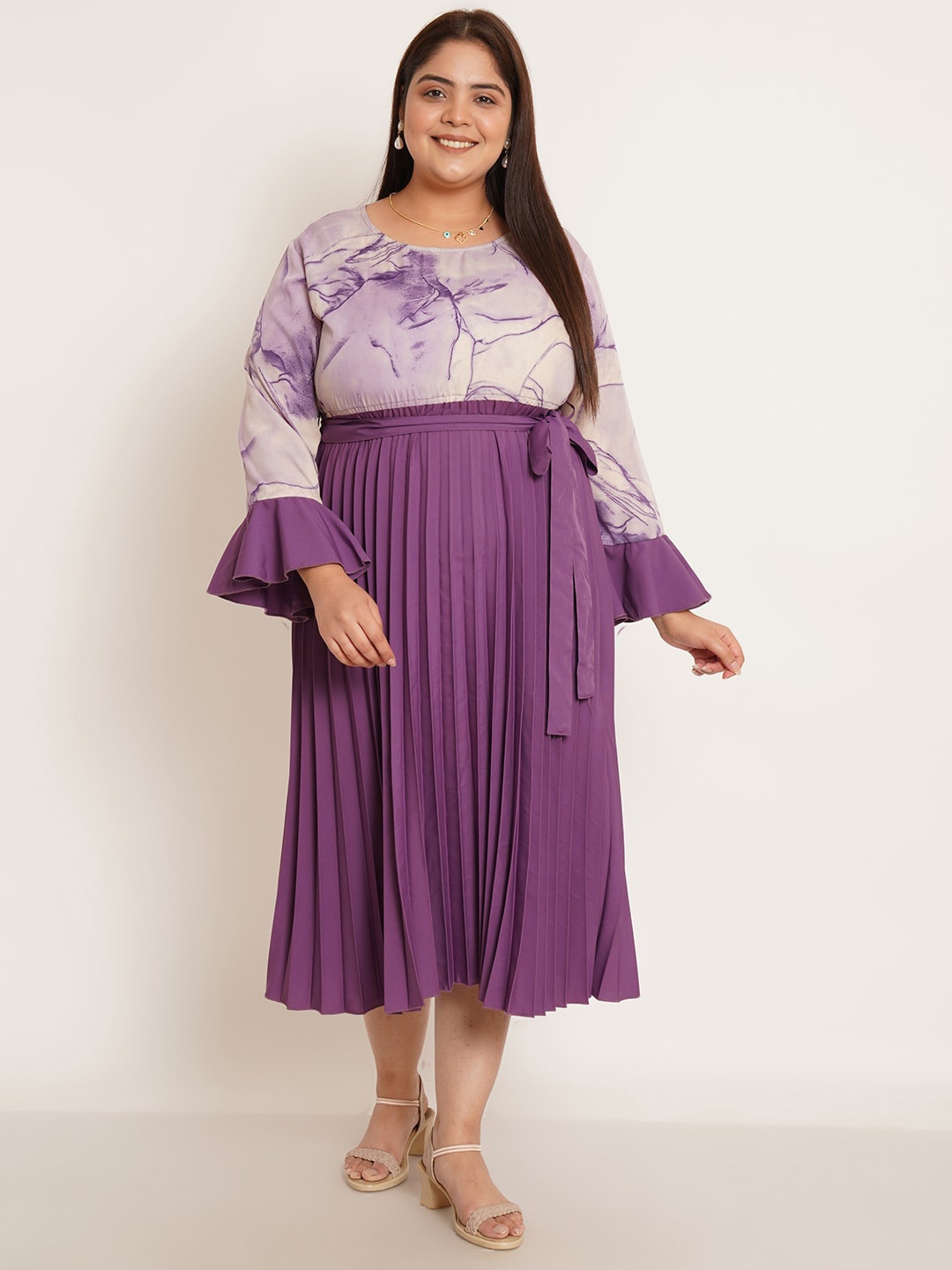 

U&F Beyond Plus Size Striped Bell Sleeve Crepe Fit & Flare Midi Dress, Purple