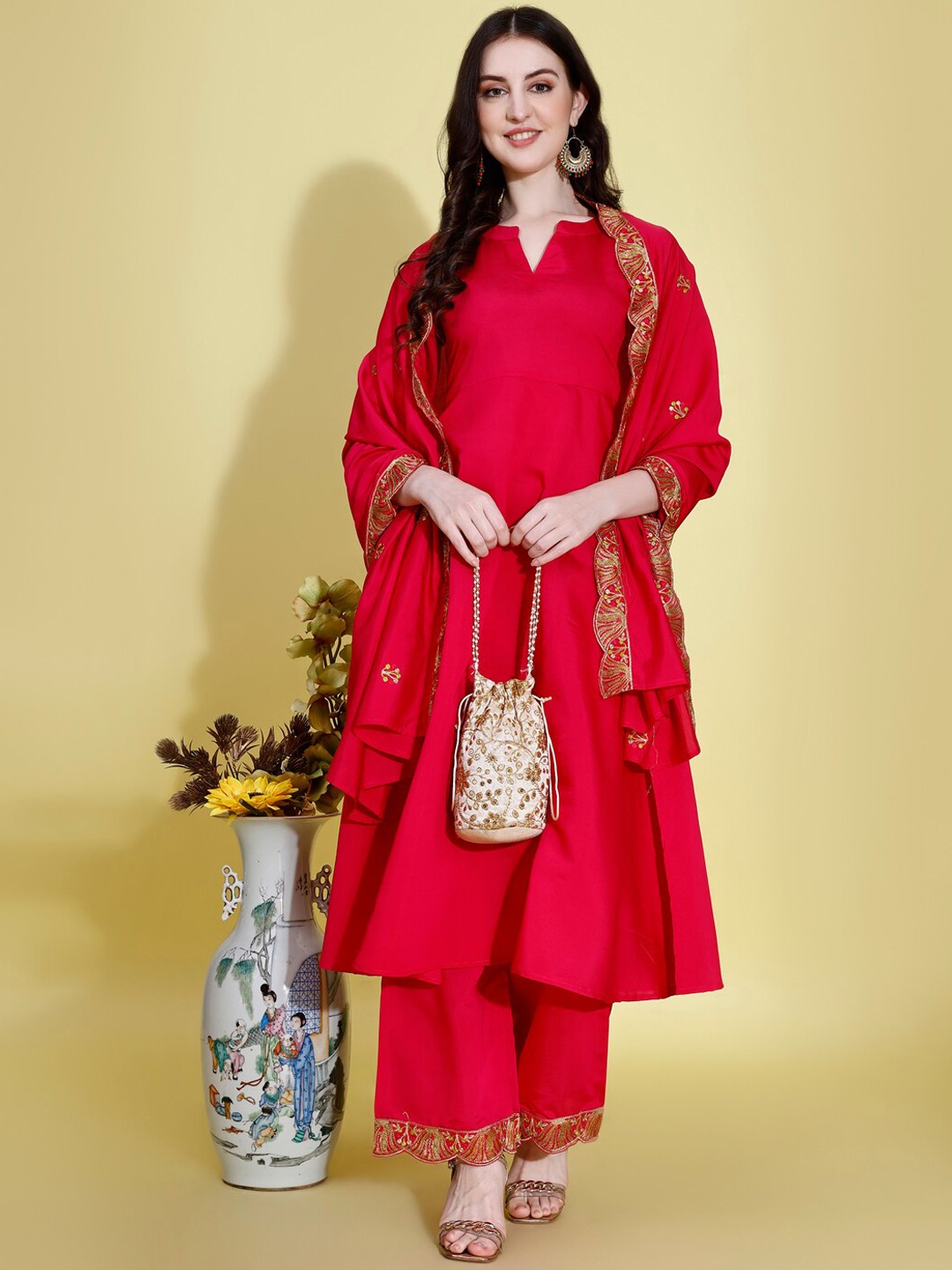 

KALINI Anarkali Thread Work Kurta with Palazzos & Dupatta, Pink