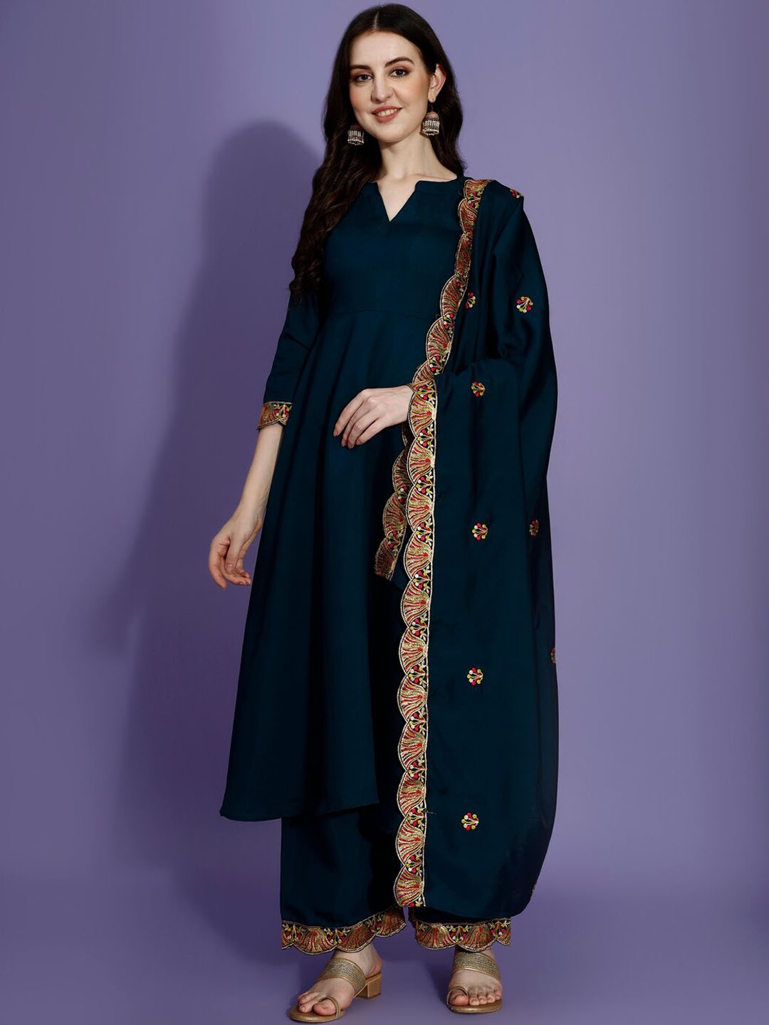 

KALINI Floral Mandarin Collar Kurta With Palazzos & Dupatta, Blue