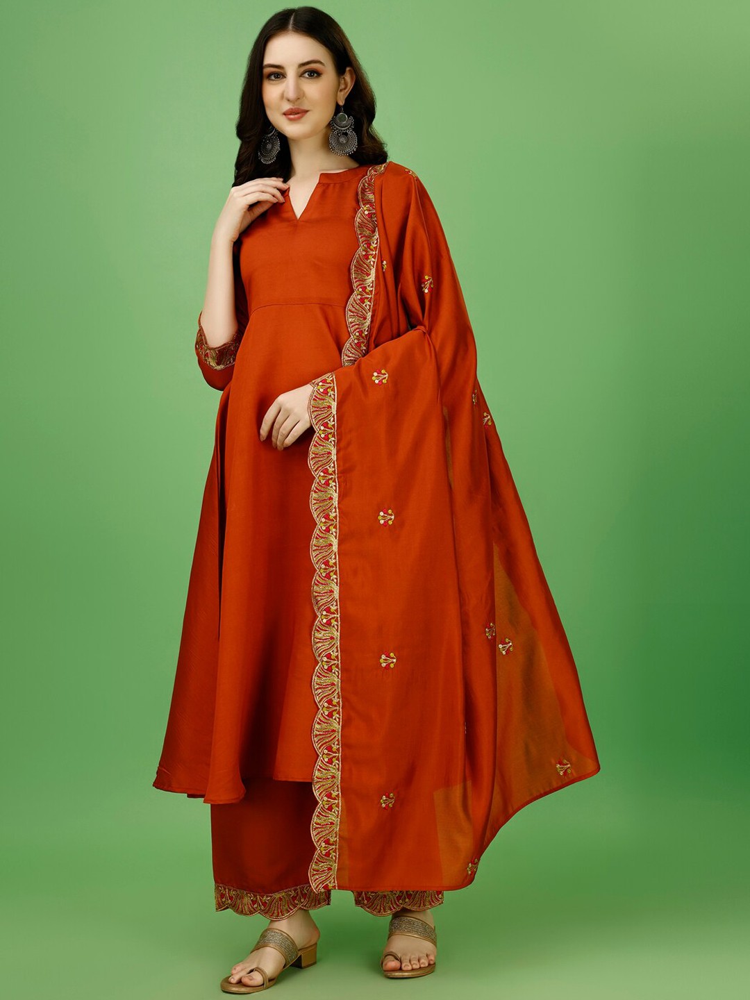 

KALINI Band Collar Anarkali Kurta with Palazzos & Dupatta, Rust