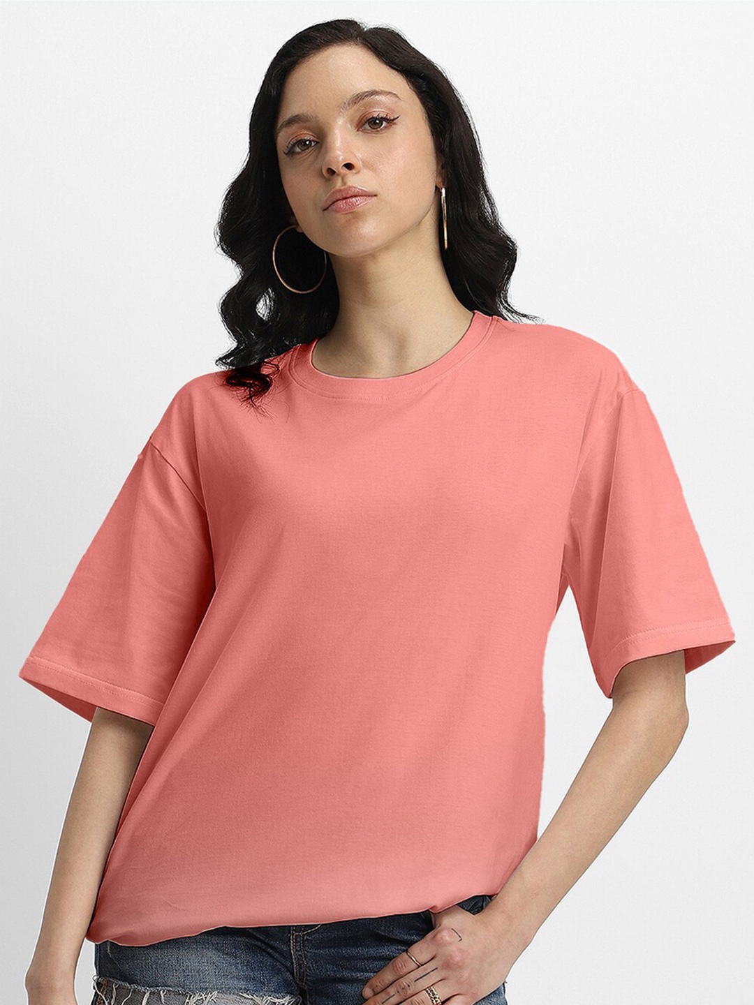 

JUNEBERRY Pure Cotton Bio Finish Drop Shoulder Sleeves Oversized T-shirt, Pink