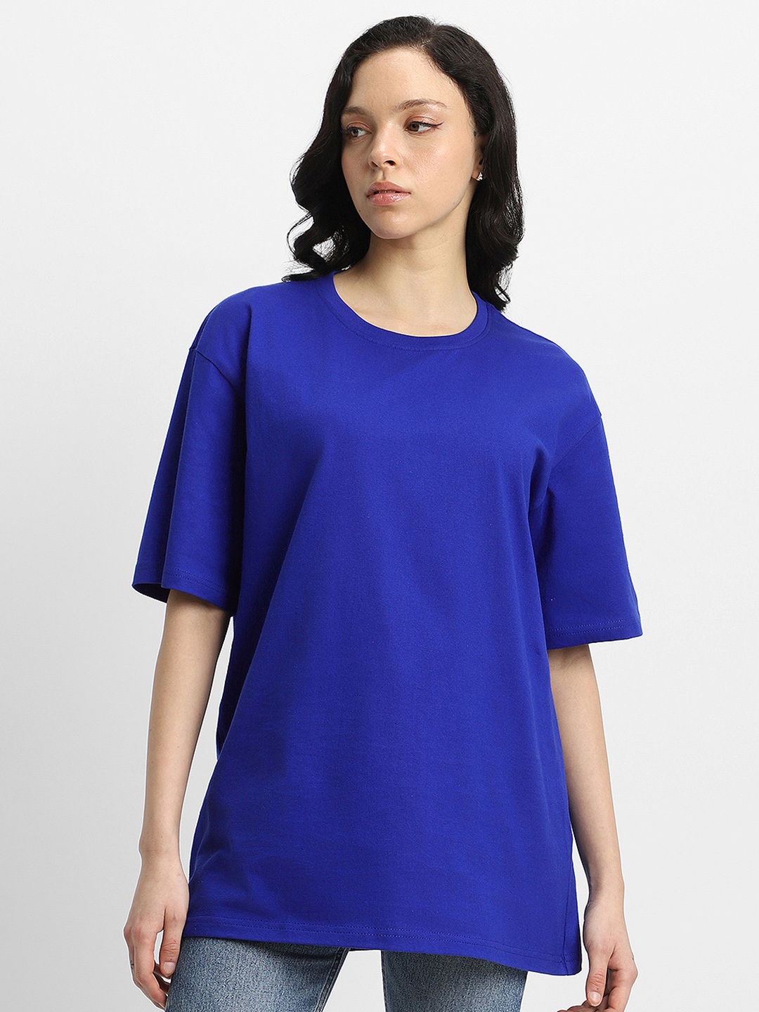 

JUNEBERRY Bio Finish Drop-Shoulder Sleeves Pure Cotton Oversized Tshirt, Blue