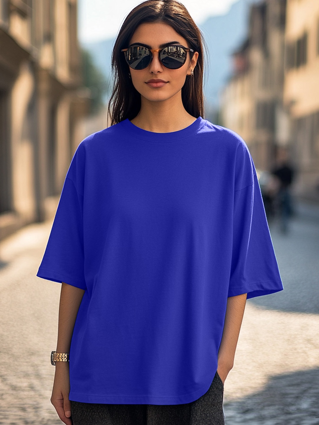 

JUNEBERRY Bio Finish Drop-Shoulder Sleeves Pure Cotton Oversized Tshirt, Blue