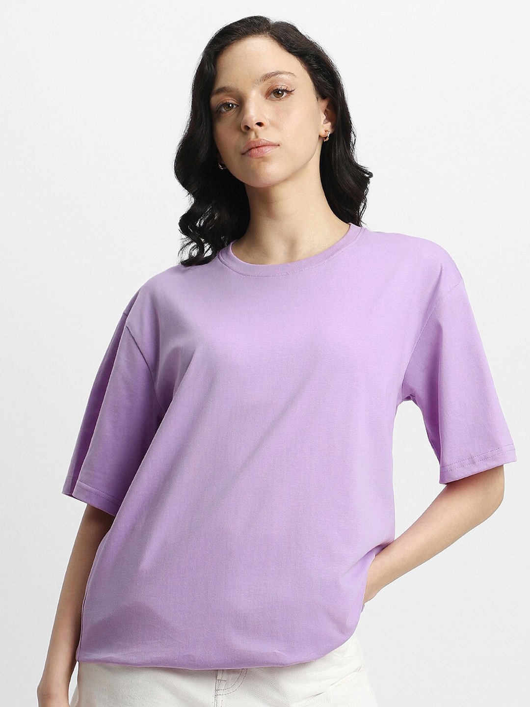 

JUNEBERRY Pure Cotton Bio Finish Drop Shoulder Sleeves Oversized T-shirt, Purple