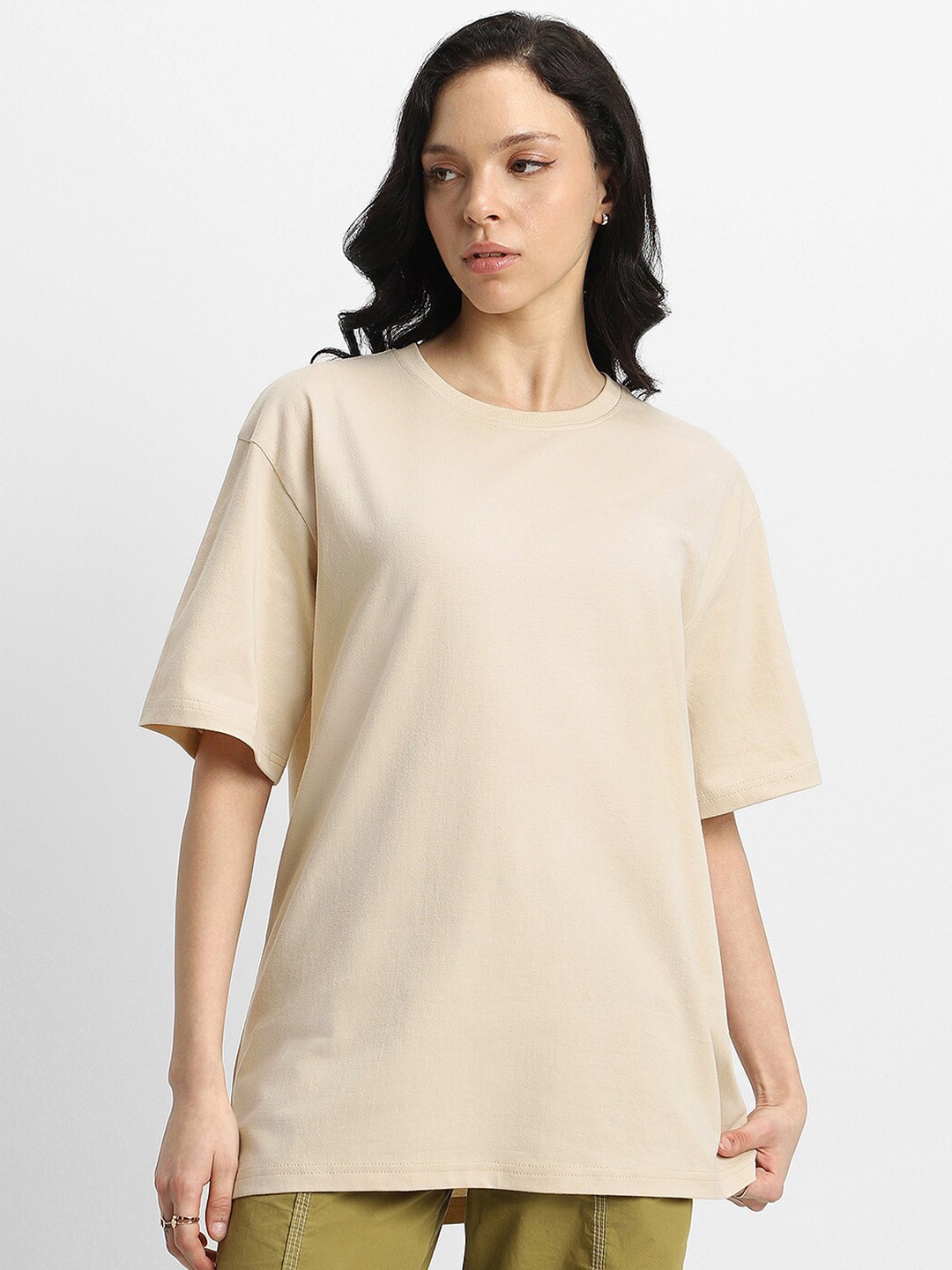 

JUNEBERRY Drop-Shoulder Sleeves Oversized Pure Cotton Bio Finish T-shirt, Beige