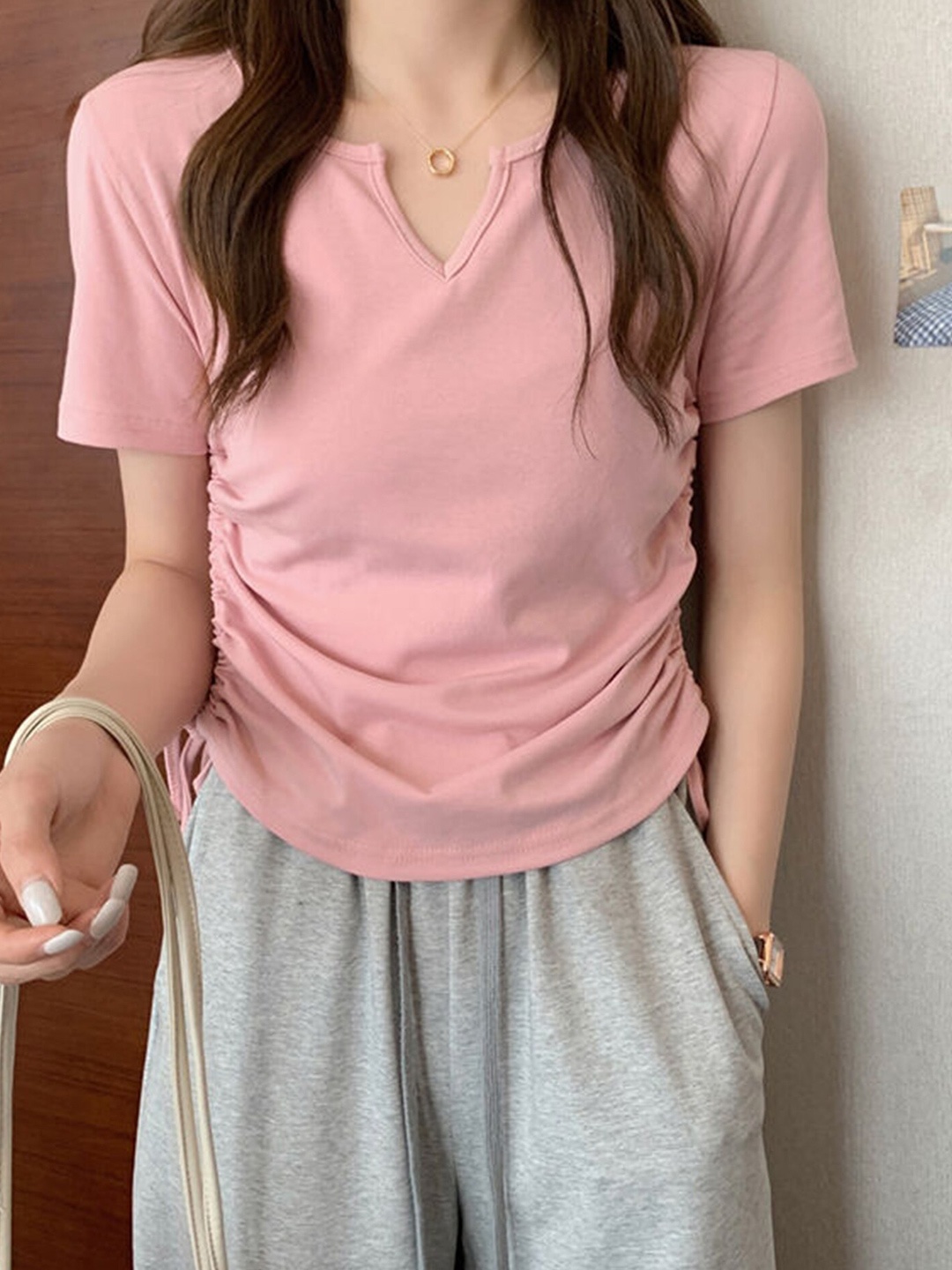 

LULU & SKY Notched Neck Gathered Ruched Top, Pink