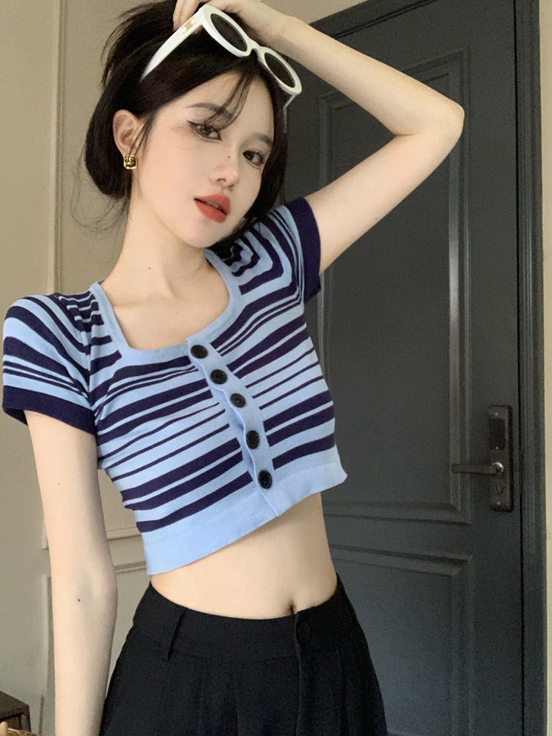 

LULU & SKY Horizontal Striped Square Neck Crop Top, Blue