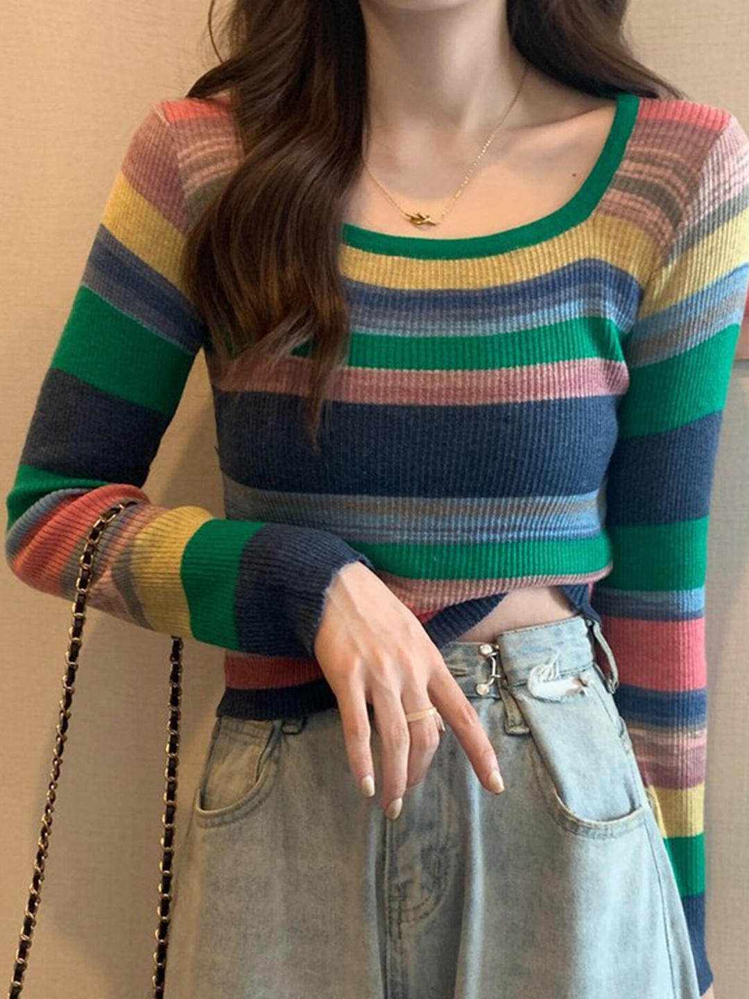 

LULU & SKY Horizontal Striped Round Neck Long Sleeves Top, Green