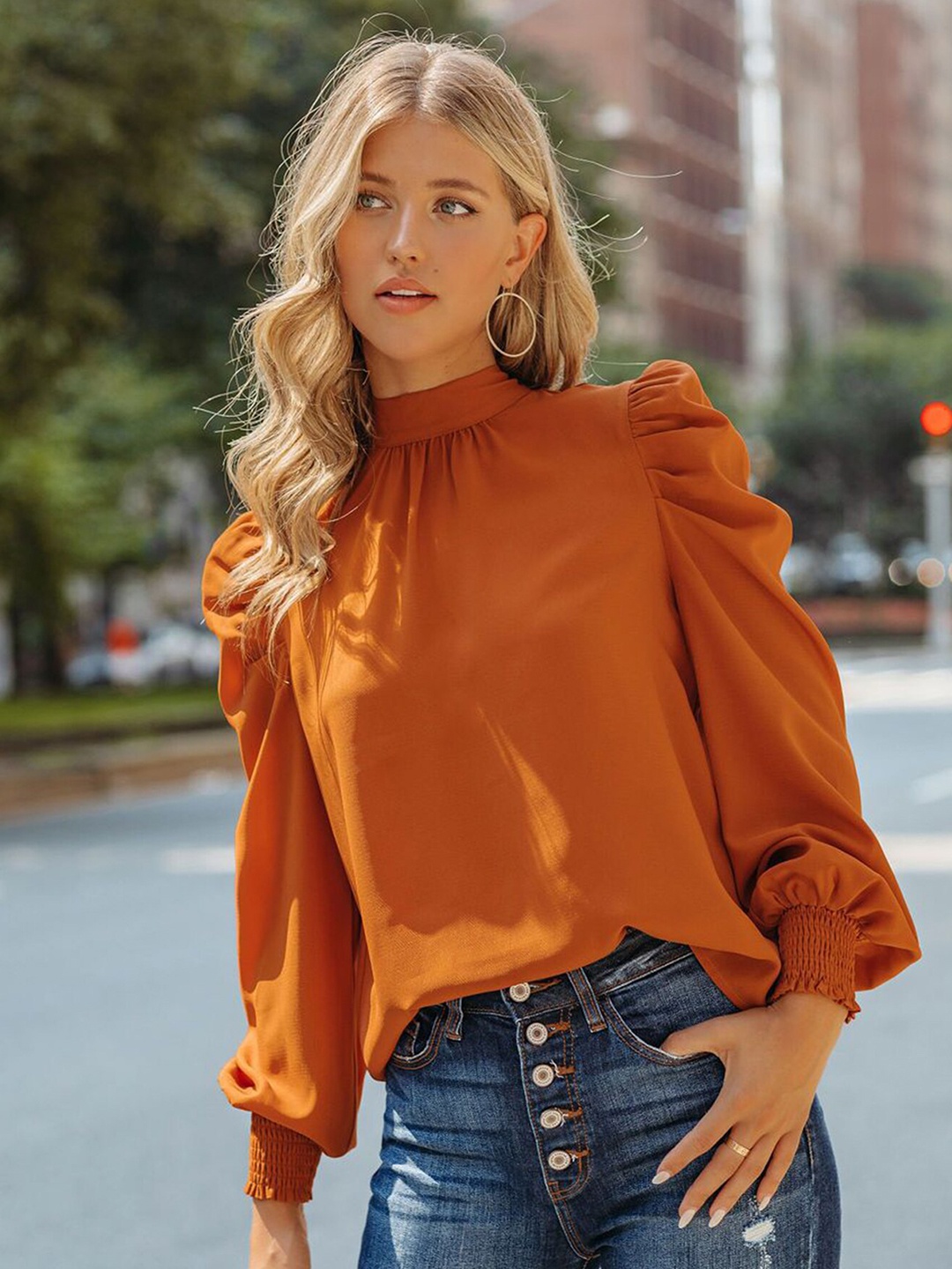 

LULU & SKY High Neck Puff Sleeve Cotton Top, Orange