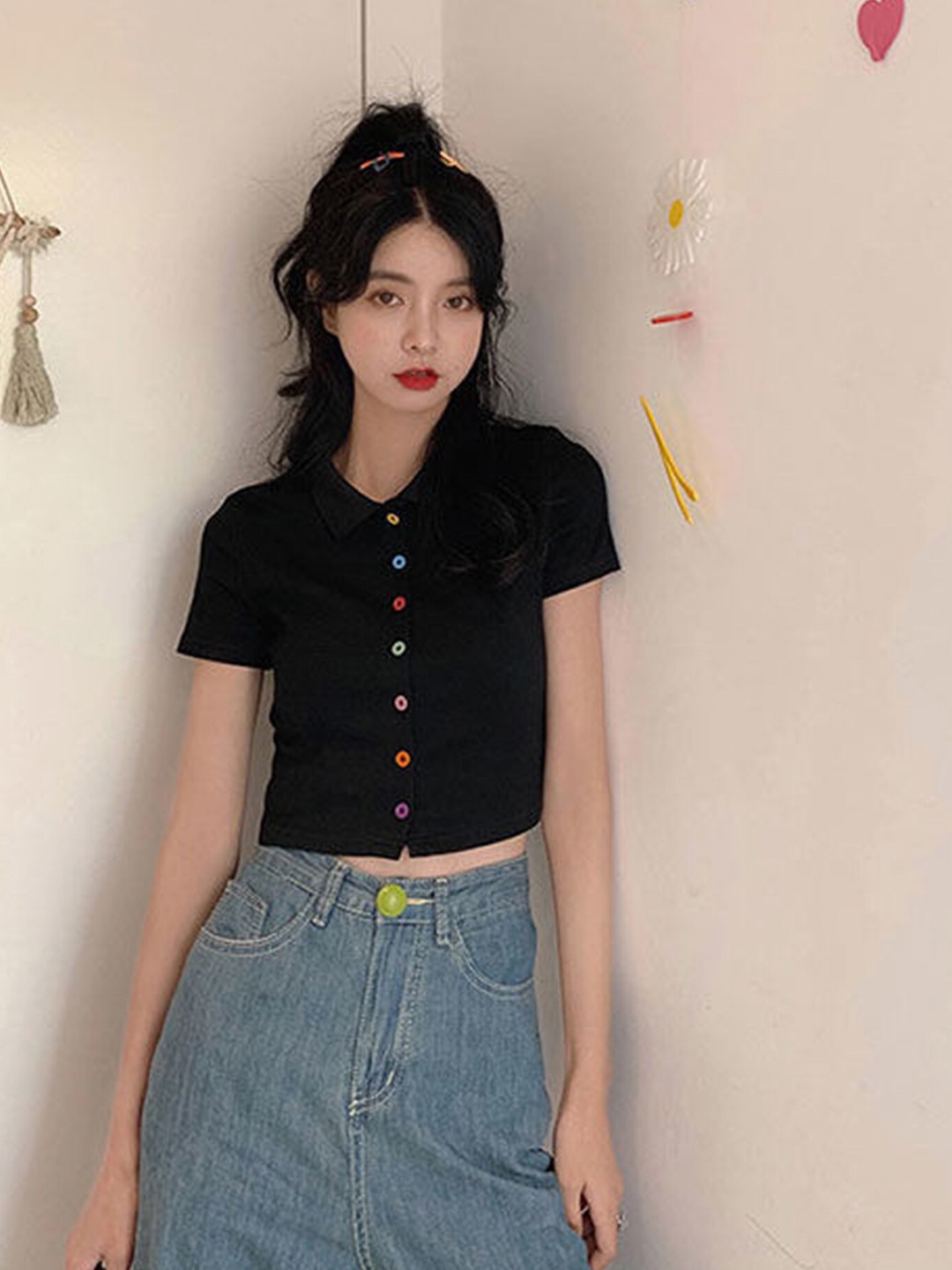 

LULU & SKY Solid Shirt Style Crop Top, Black