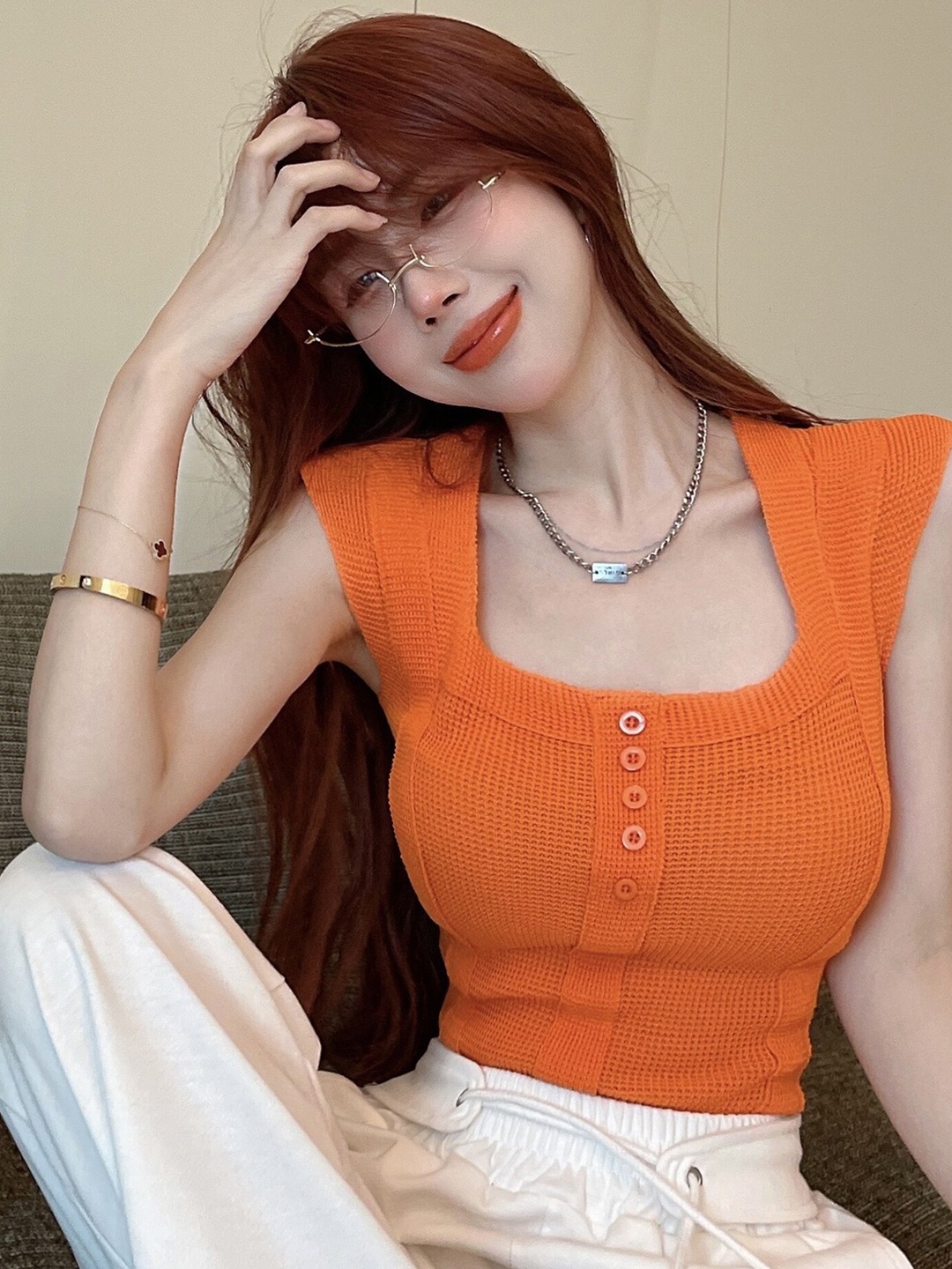 

LULU & SKY Self Design Square Neck Top, Orange