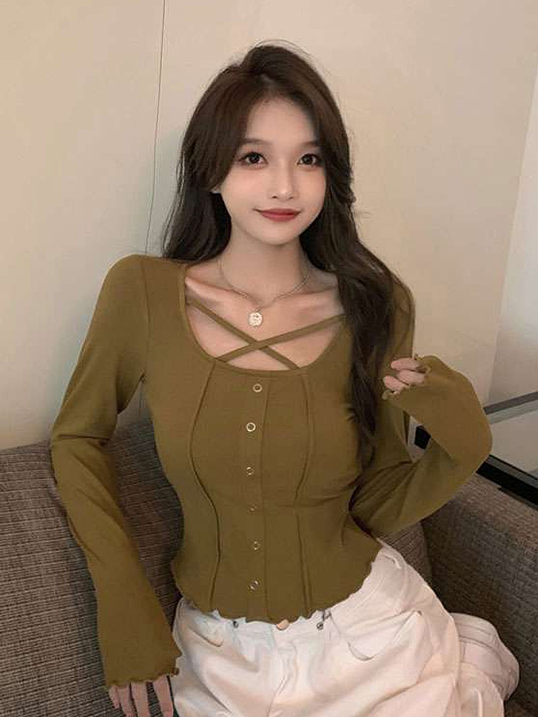 

LULU & SKY Long Sleeves Shirt Style Top, Green