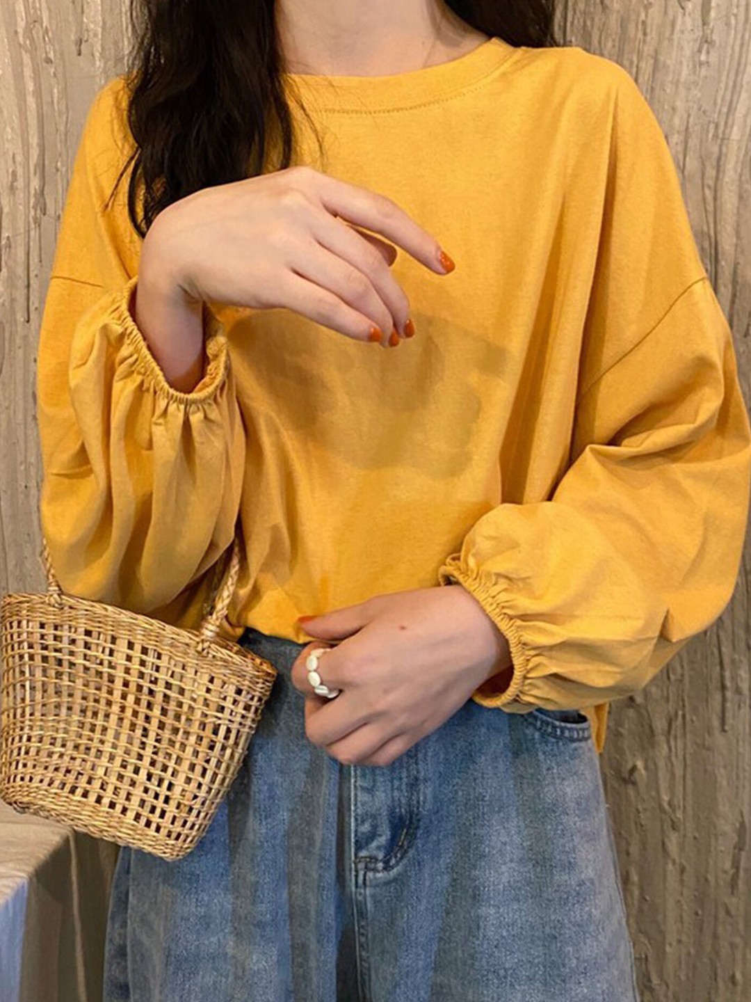 

LULU & SKY Round Neck Drop Shoulder Sleeves Top, Yellow