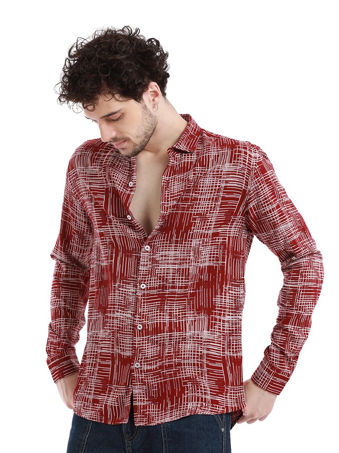 

Banana Club Geometric Printed Long Sleeves Casual Shirt, Red