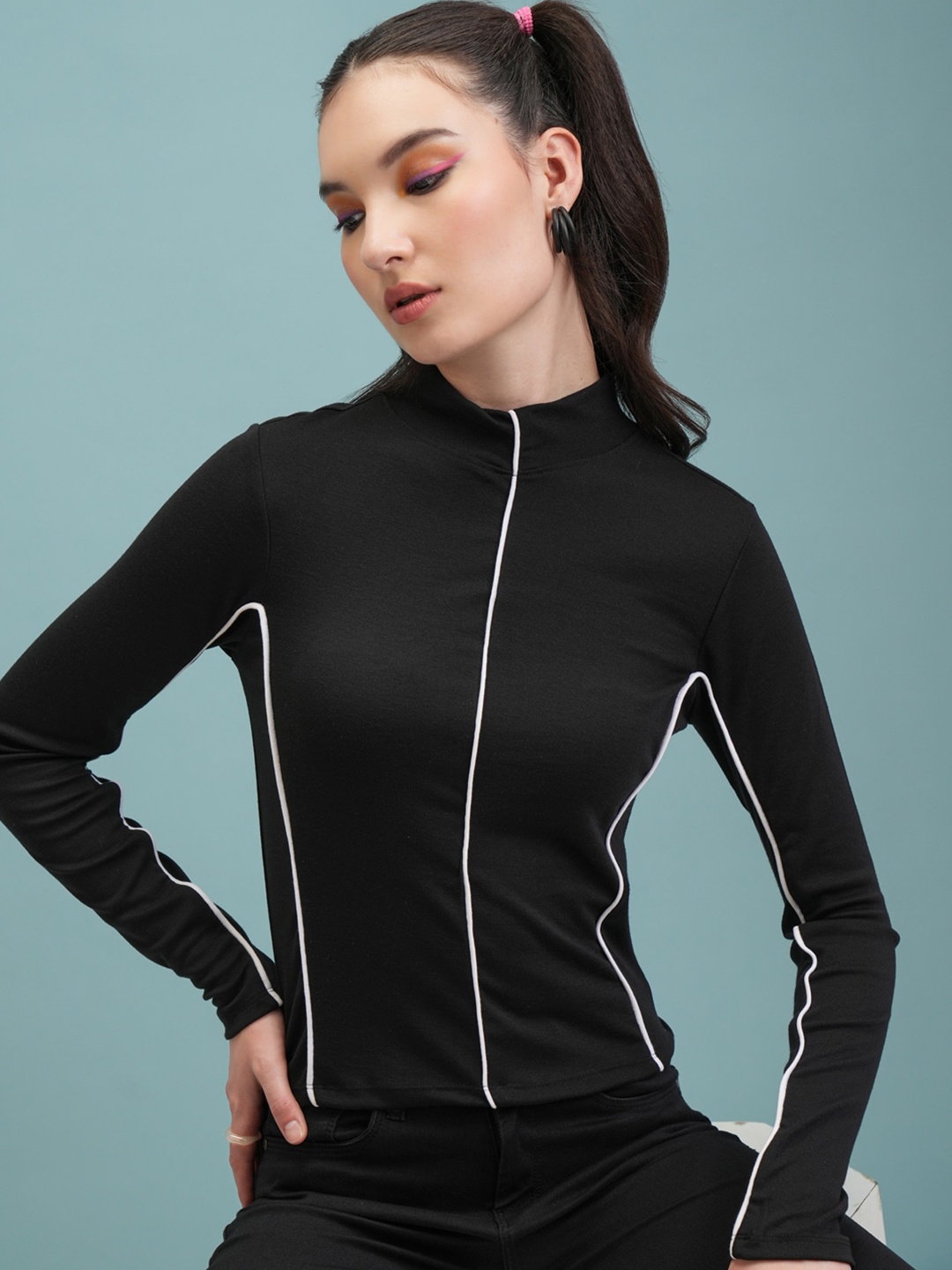

Tokyo Talkies High Neck Fitted Top, Black
