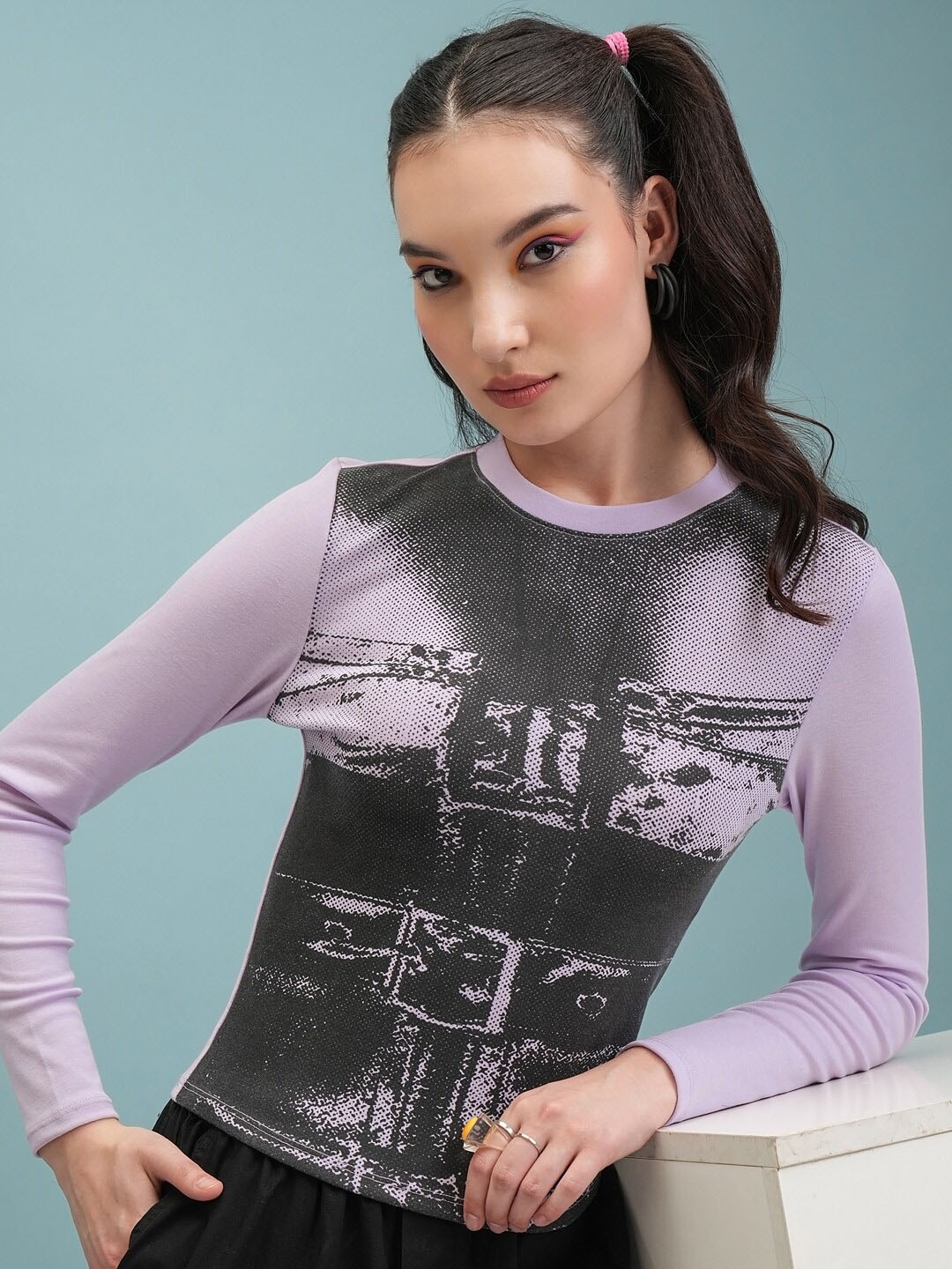 

Tokyo Talkies Lavender Graphic Printed Round Neck T-shirt