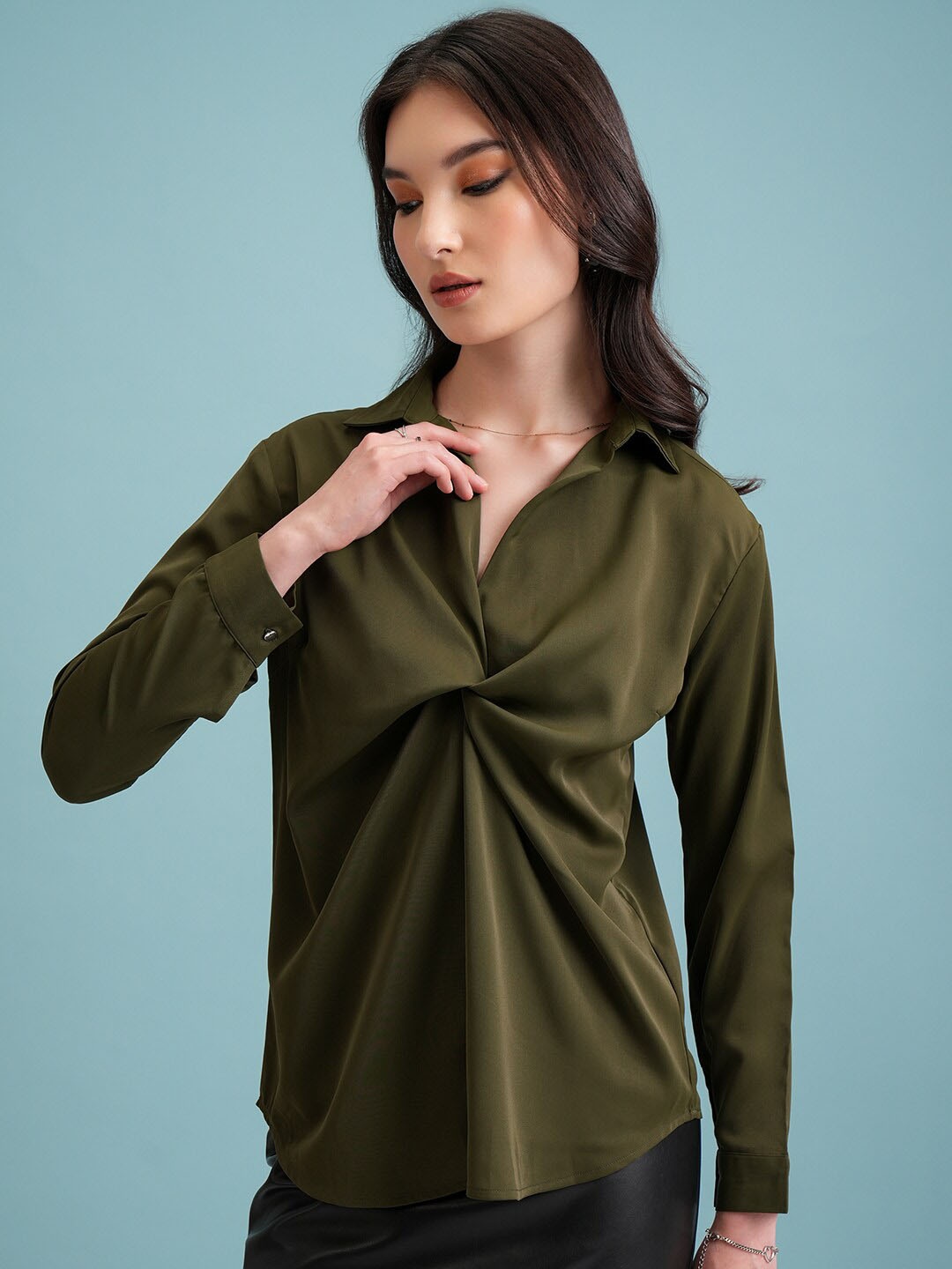 

CHIC BY TOKYO TALKIES Twisted Shirt Style Top, Olive