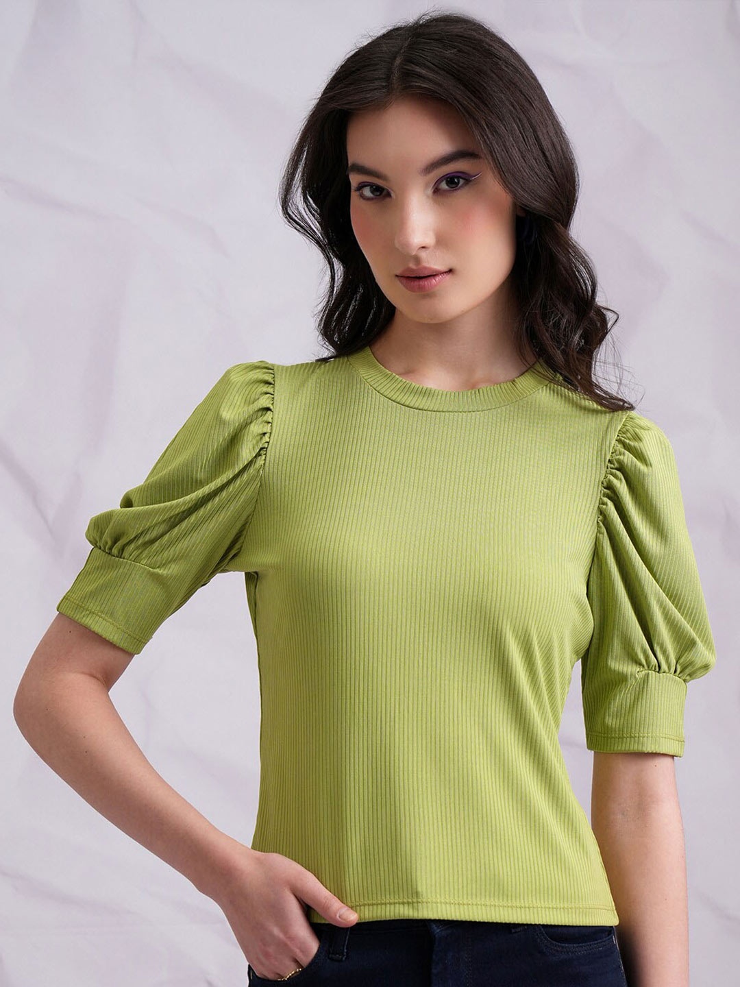 

Tokyo Talkies Round Neck Puff Sleeve Top, Green