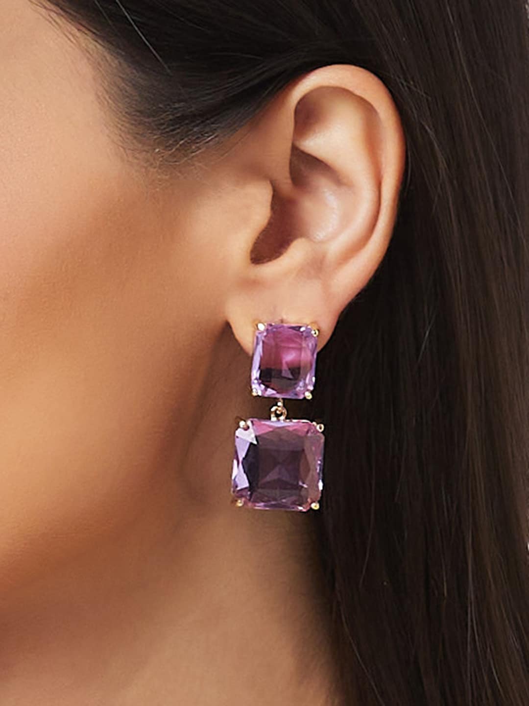 

Globus Gold-Plated Artificial Stones-Studded Square Drop Earrings, Purple