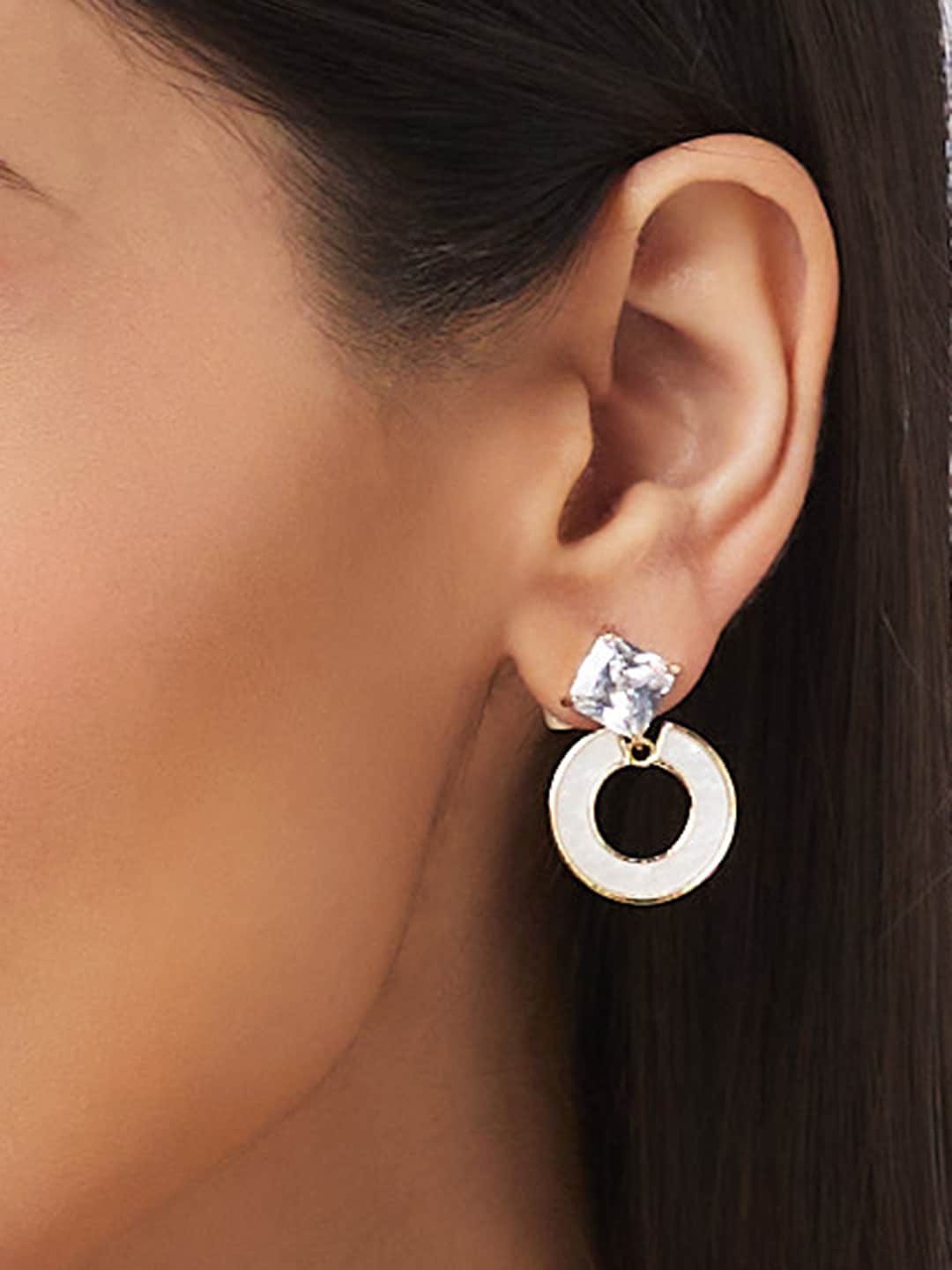 

Globus White Stone Studded Gold-Plated Circular Drop Earrings