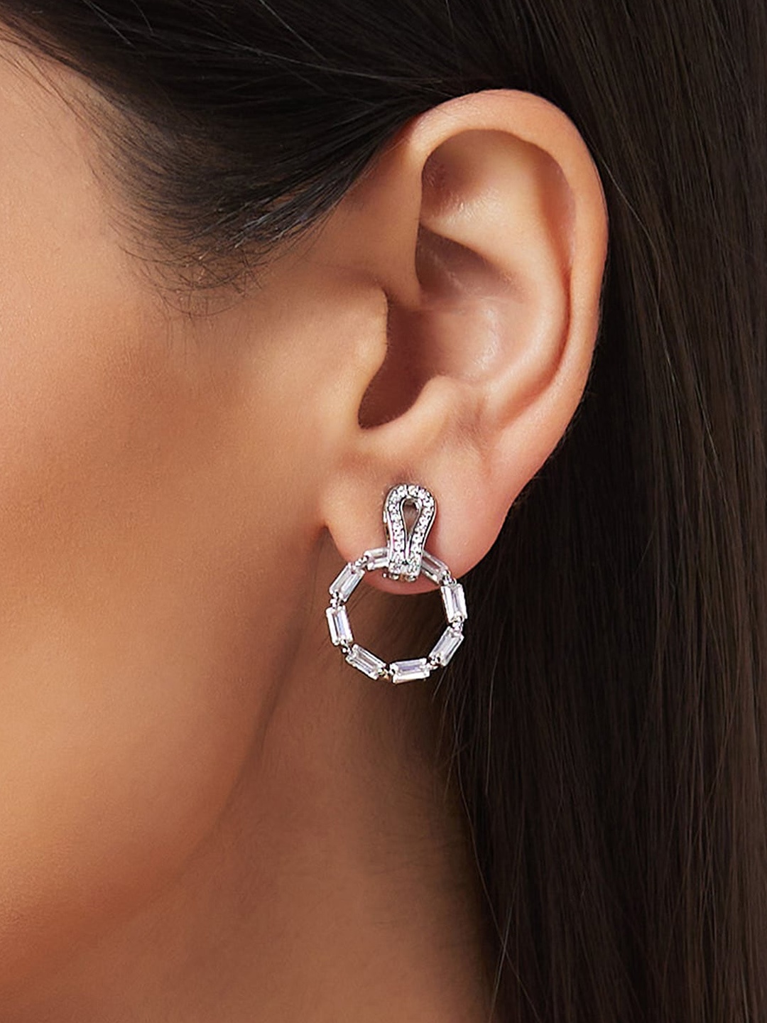

Globus White CZ Studded Silver-Plated Circular Drop Earrings