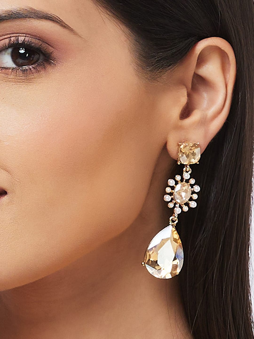 

Globus Gold-Toned & White Gold-Plated Stones Studded Oval Drop Earrings