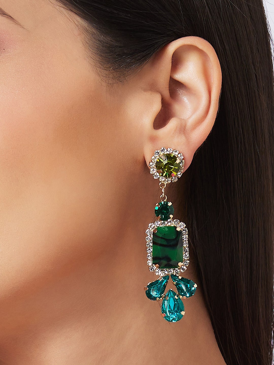 

Globus Gold-Toned & Green Gold-Plated Stones Studded Contemporary Drop Earrings