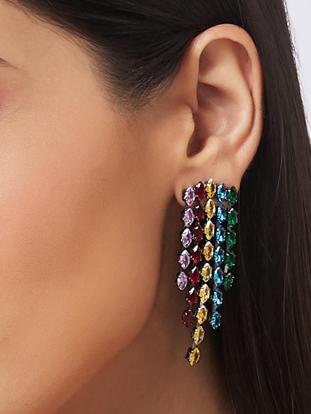 

Globus Pink & Red Rhodium-Plated Artificial Stones-Studded Contemporary Drop Earrings, Silver