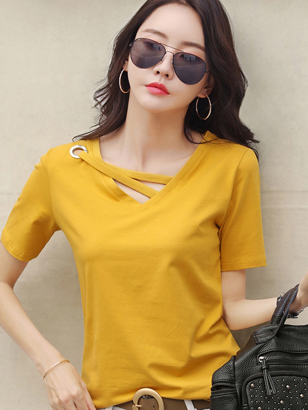 

LULU & SKY V-Neck Short Sleeves Top, Yellow