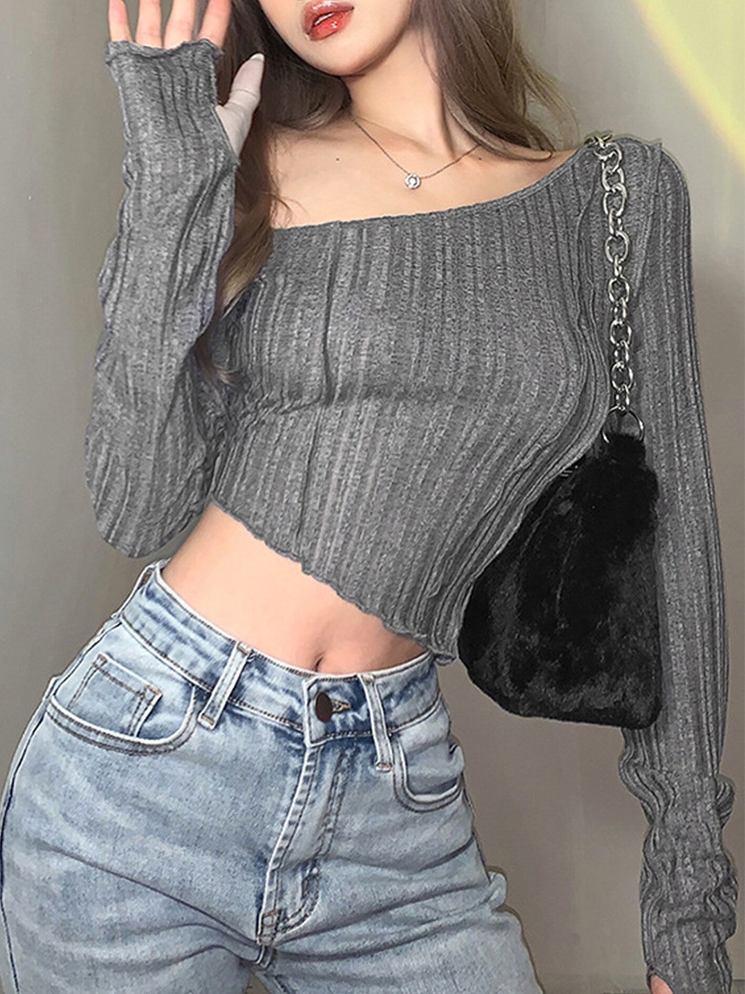 

LULU & SKY Striped One Shoulder Long Sleeves Crop Top, Grey