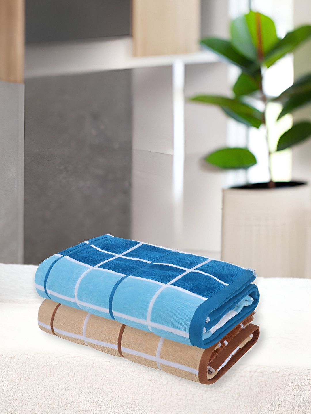 

eurospa Beige & Blue 2 Pieces Checked 550 GSM Cotton Anti Bacterial Towel Set