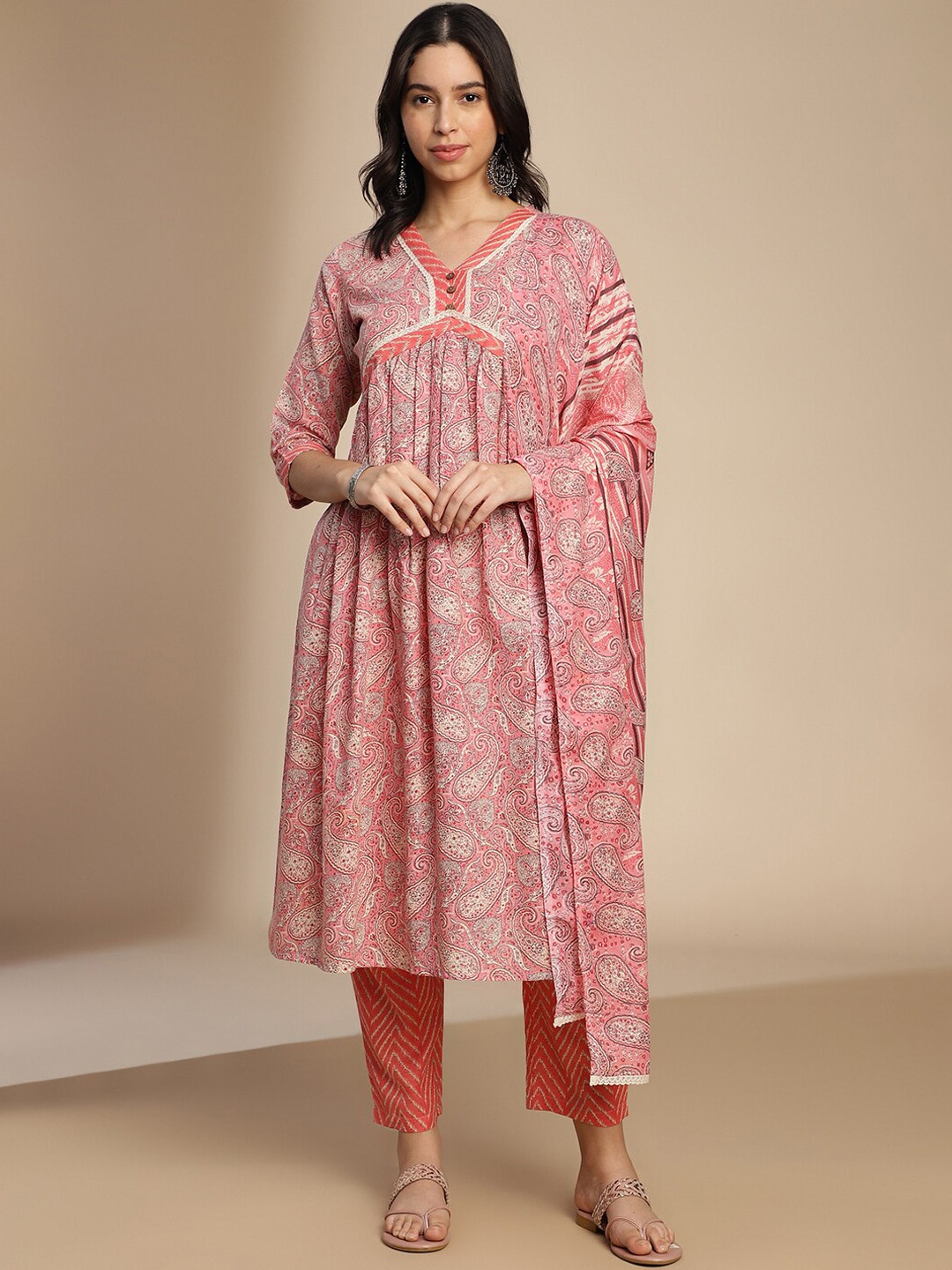 

Saanjh Paisley Printed V-Neck Empire Gotta Patti Anarkali Kurta With Trousers & Dupatta, Pink