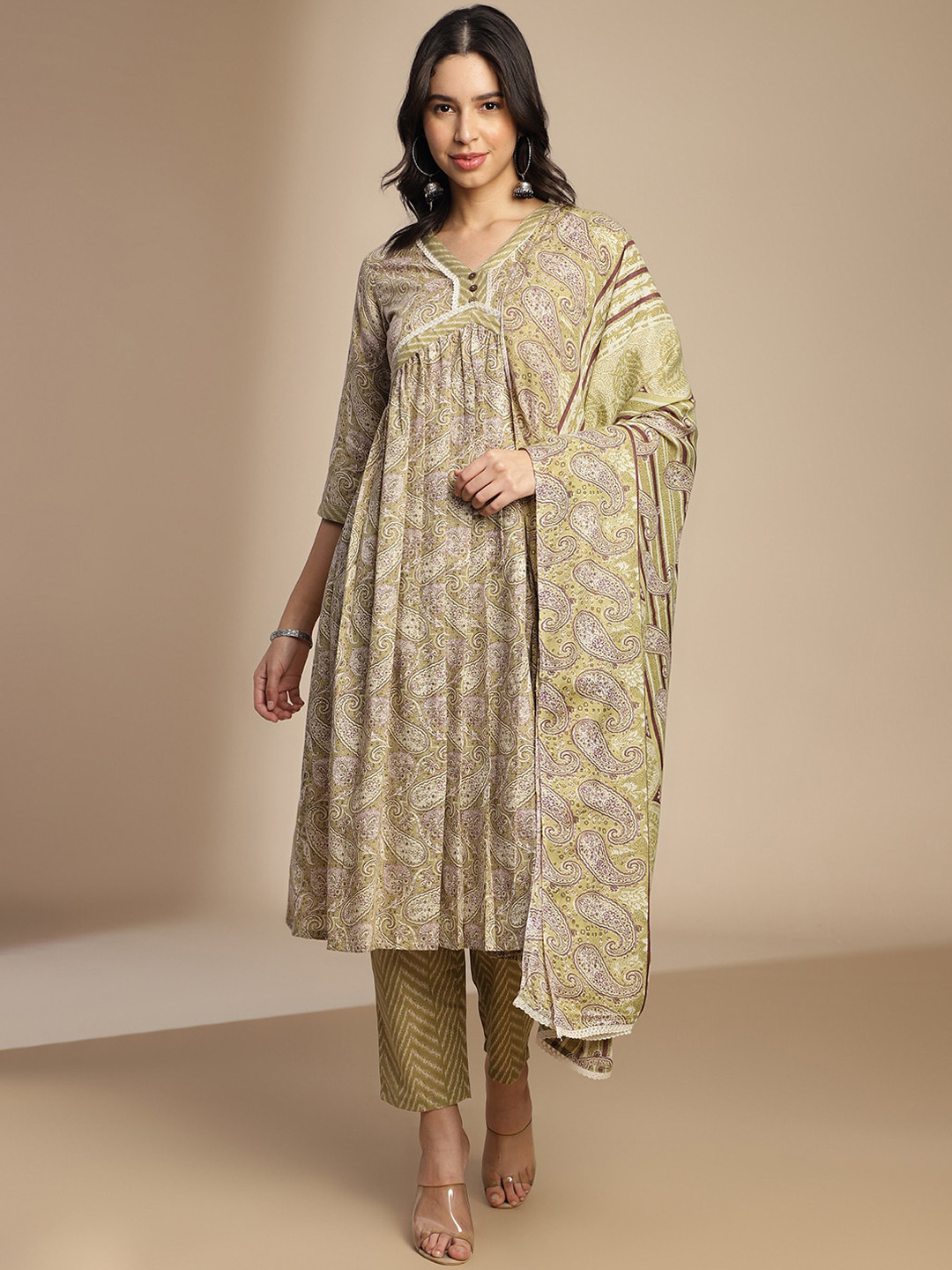 

Saanjh Floral Printed V-Neck Empire Anarkali Kurta With Trousers & Dupatta, Green