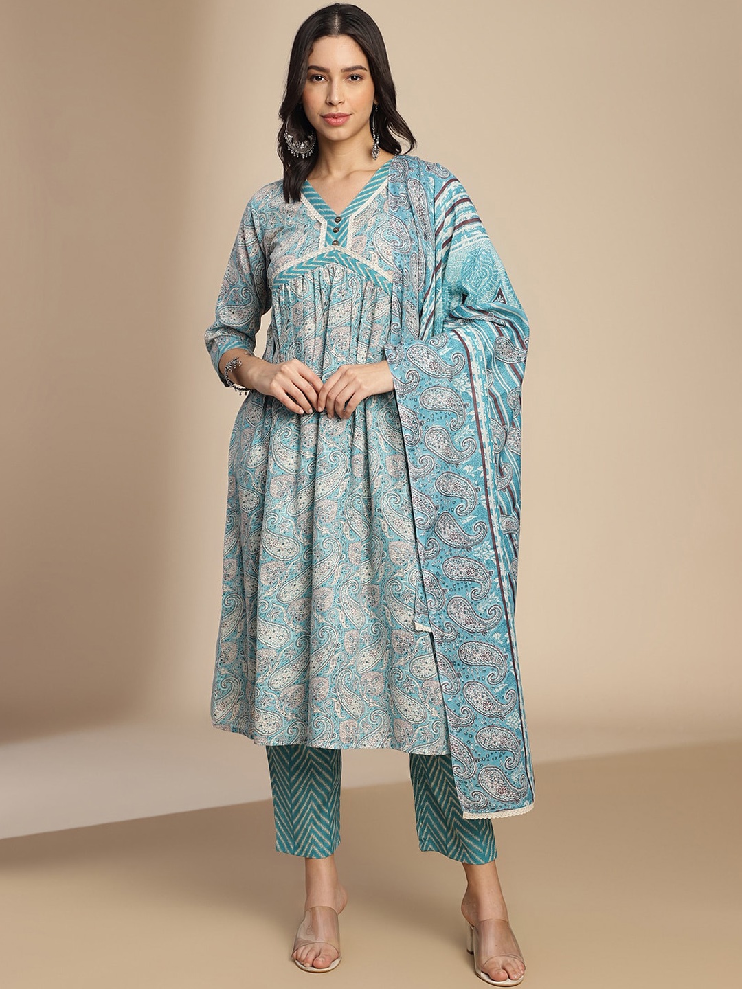 

Saanjh Paisley Printed Empire V-Neck Anarkali Kurta With Trousers & Dupatta, Blue