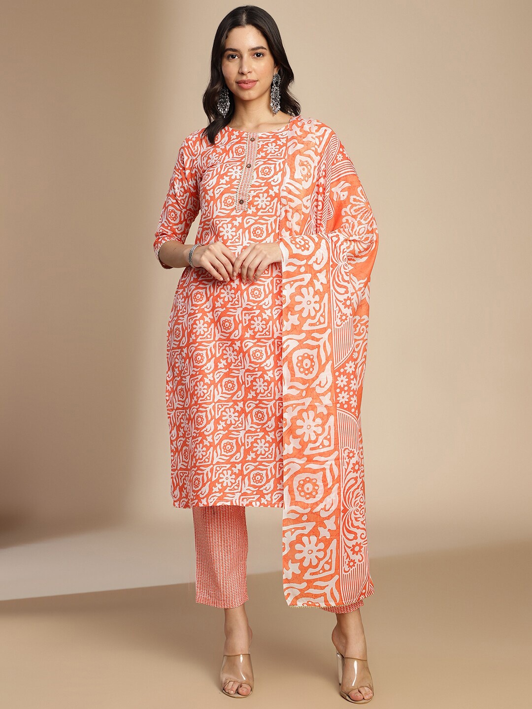 

Saanjh Ethnic Motifs Printed Kurta With Trousers & Dupatta, Orange